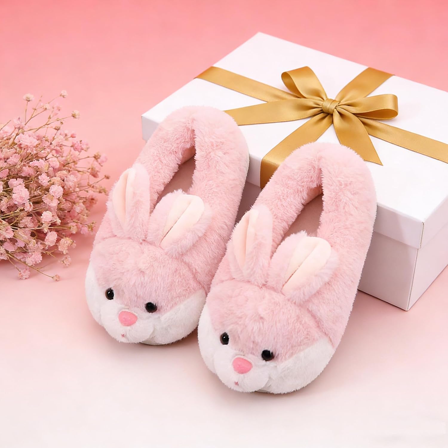 HANDKEI Women Fuzzy Bunny Slippers | Non-Slip Warm Indoor House Shoes for Valentine Easter New Year