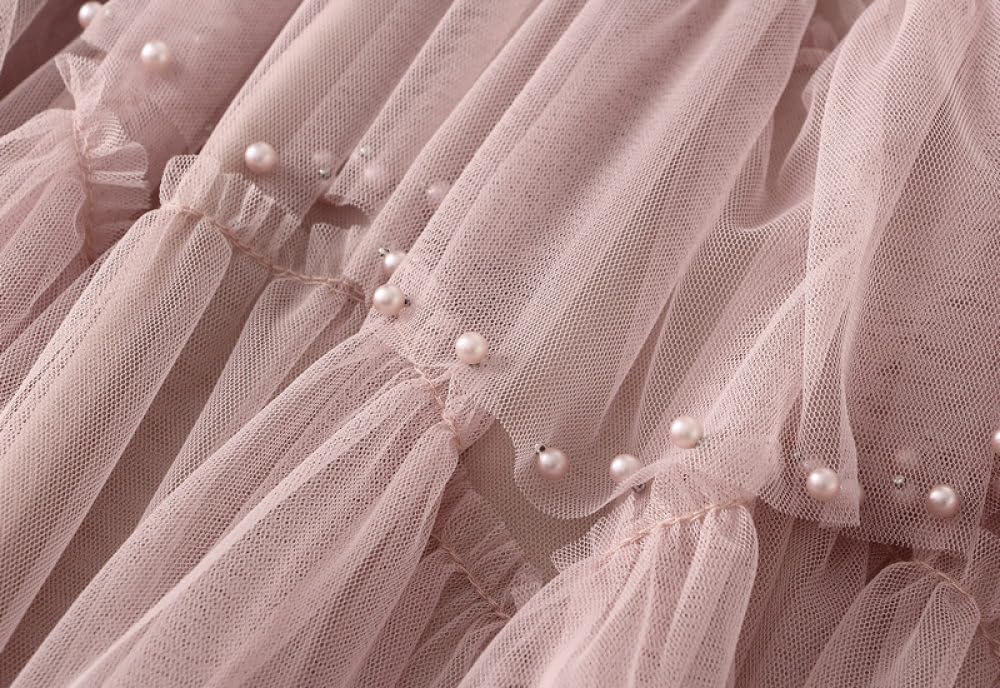 Damen-Tüllrock, Luxuriöser Perlen-Stufen-Midirock, Rosa, Geschichteter, Plissierter Netzrock, Elastischer A-Linien-Rock Mit Hoher Taille, Modischer Party-Langrock Für Damen Und Mädchen