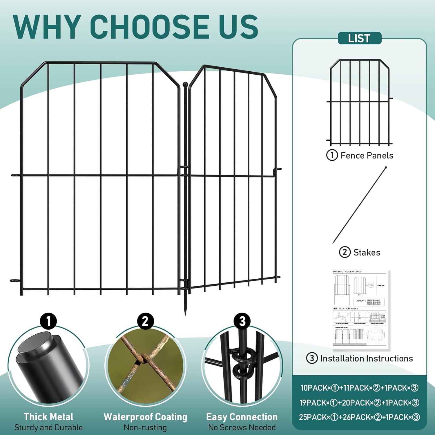 Goovilla Garden Fence, Total 25ft(L) x 24in(H) Garden Fencing Animal Barrier, 25 Pcs Rustproof Metal Wire No Dig Fence Panels, Black Decorative Garden Fences and Borders for Dogs, Flower Bed, Patio