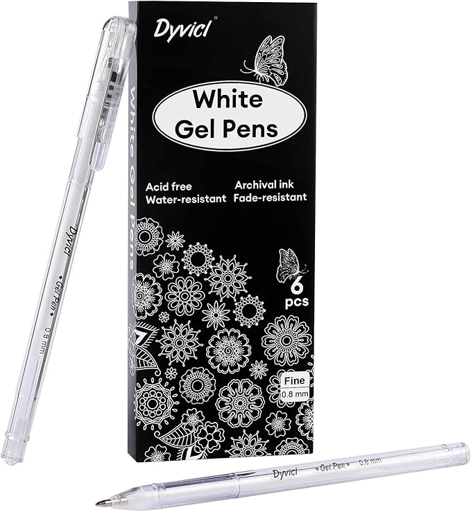 Dyvicl White Gel Pens, 0.8 mm Fine Pens Gel Ink White Pens