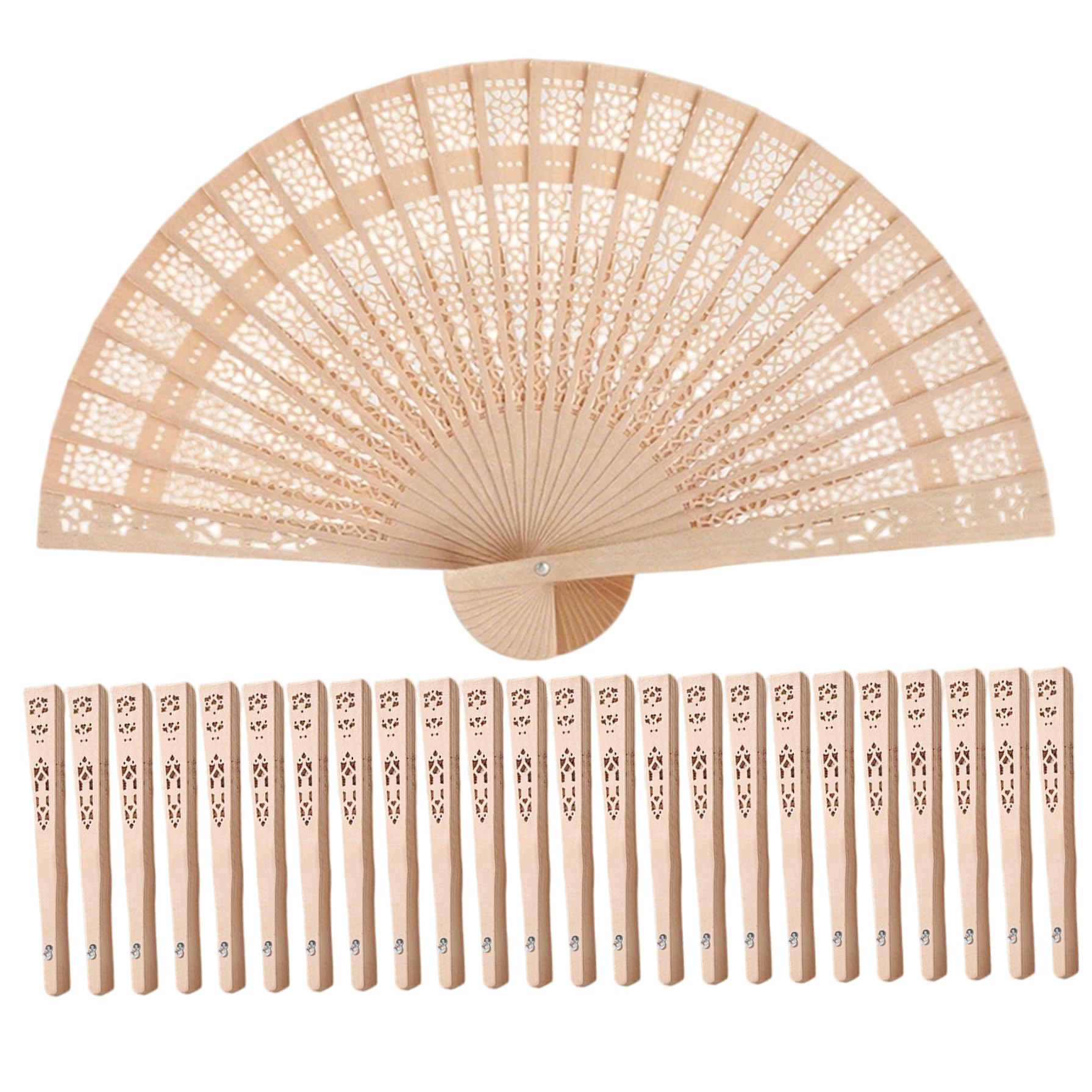 Éventail de mariage en bois de santal sculpté | Lot de 25 éventails pliants 8 pouces premium