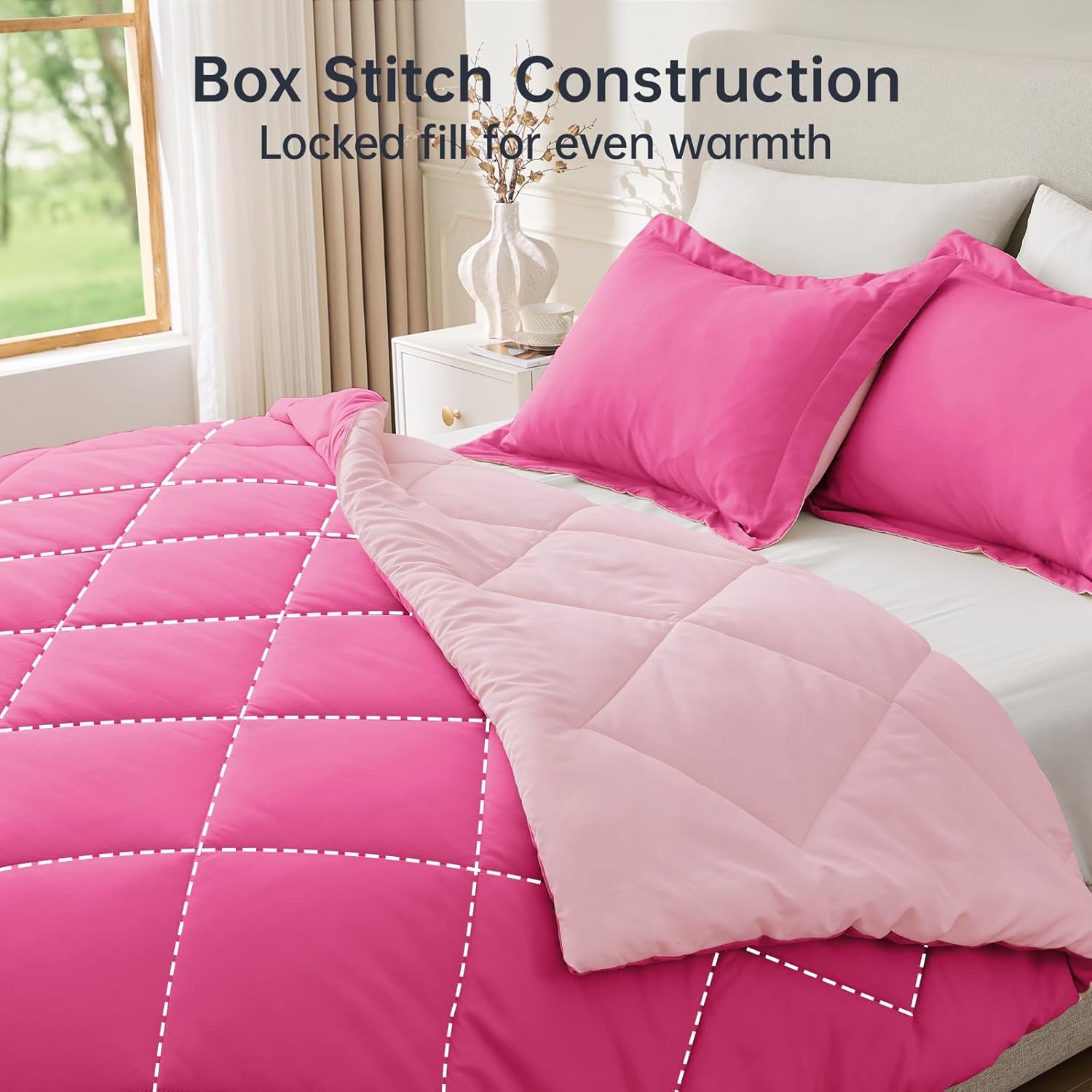 JOLLYVOGUE Queen Comforter Set, Ultra Soft Reversible Bedding for All Seasons, 3 Pieces Down Alternative Bed Set Includes 1 Lightweight Comforter and 2 Pillow Shams, Hot Pink/Baby Pink