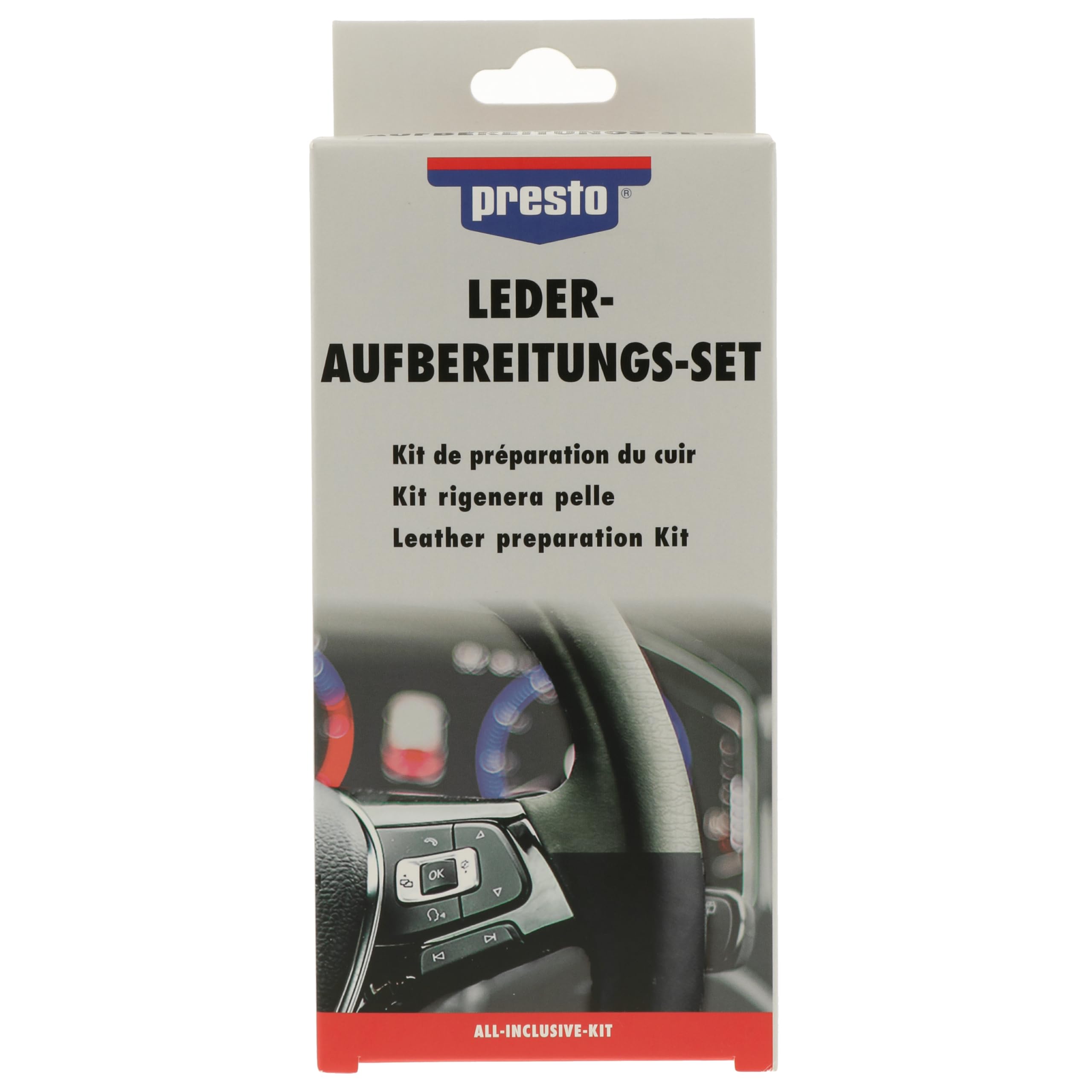 presto Leder-Aufbereitungs-Set, Komplettes Pflegeset für Glattleder, Kunstleder, Reinigung, Lederpflege, Schutz, langanhaltend, einfache Anwendung