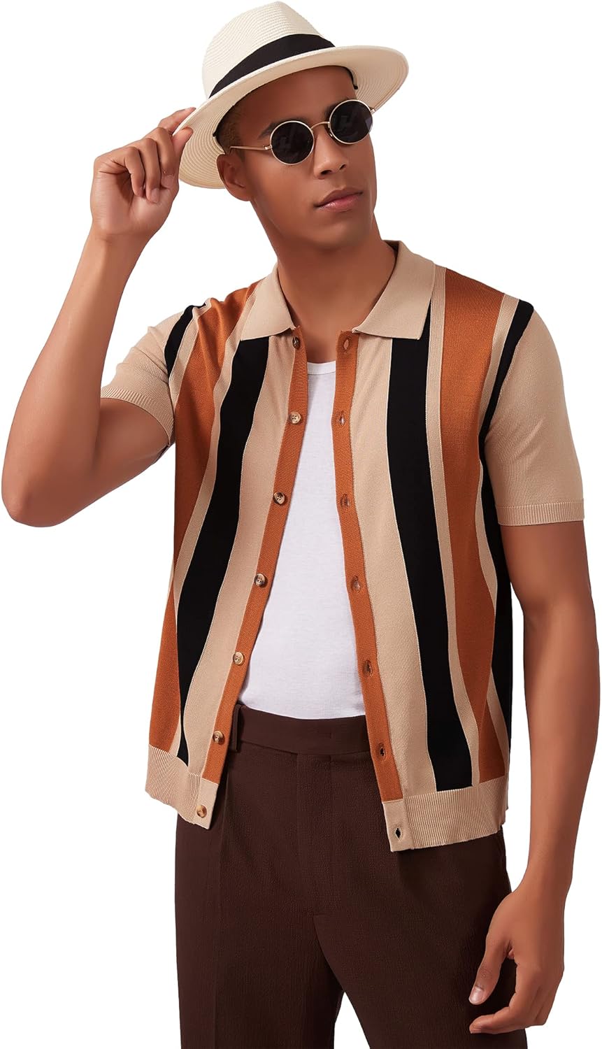 Kallspin Men's Vintage Knit Polo Shirt Short Sleeve Striped Button Down Knitting Golf Shirts - Image 7