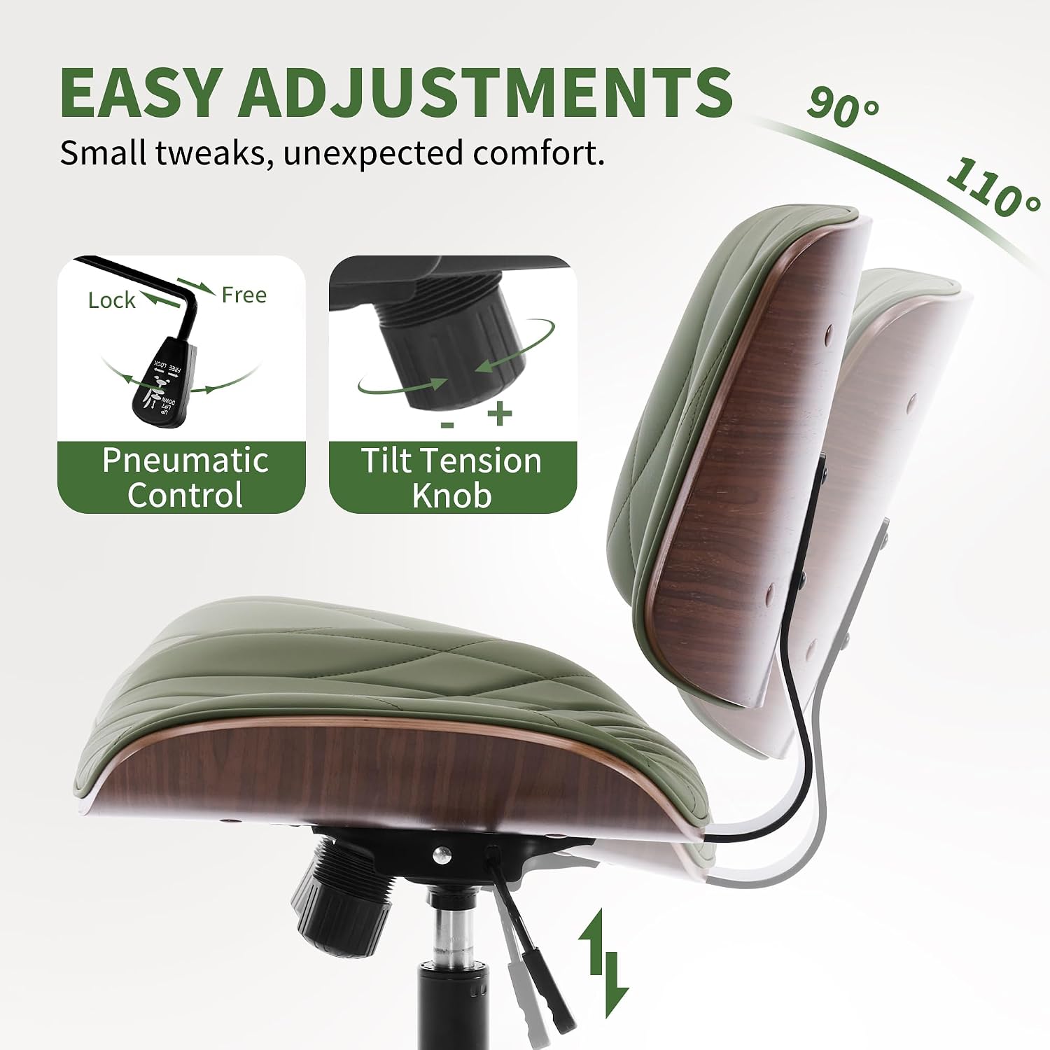Armless Desk Chair, PU Leather Swivel Office Chair, Ergonomic Vanity Chair for Small Space, Apartment, Home Office - Mid-Century Modern with Wheels(Green)