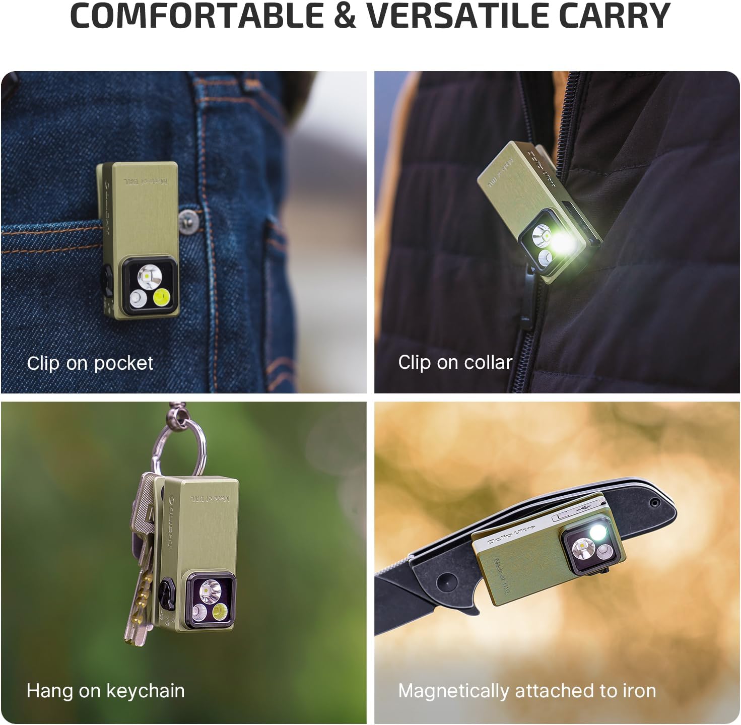 Various carrying options for OLIGHT Oclip Ultra: clip on pocket, clip on collar, hang on keychain, magnetically attached to iron