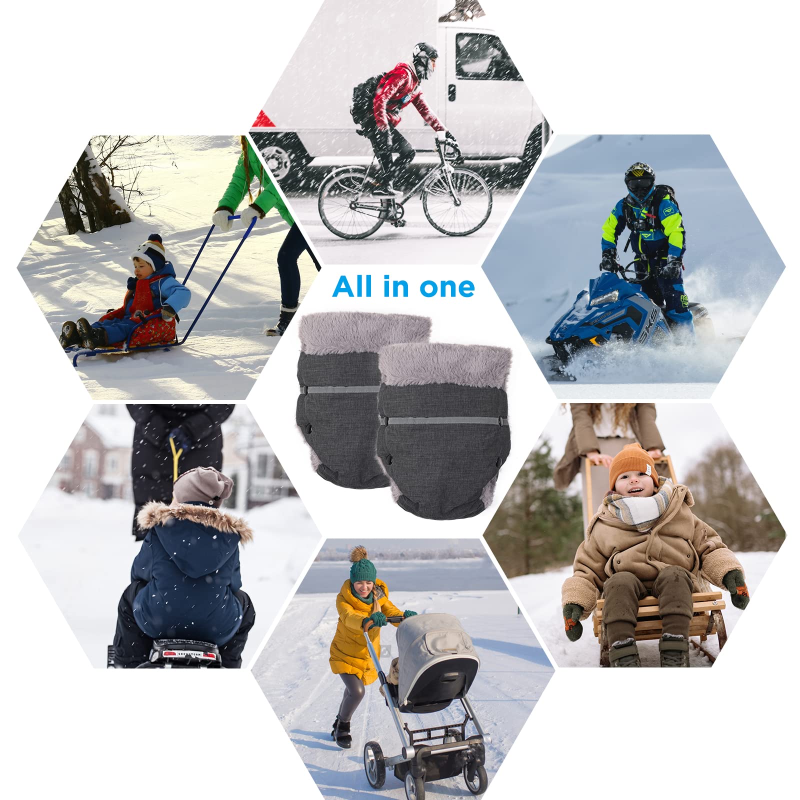 WD&CD Handmuff, uniwersalne rękawice buggy do wózka dziecięcego, wodoodporne i wiatroszczelne, z podszewką polarową, do wózka dziecięcego z ochraniaczem, szary
