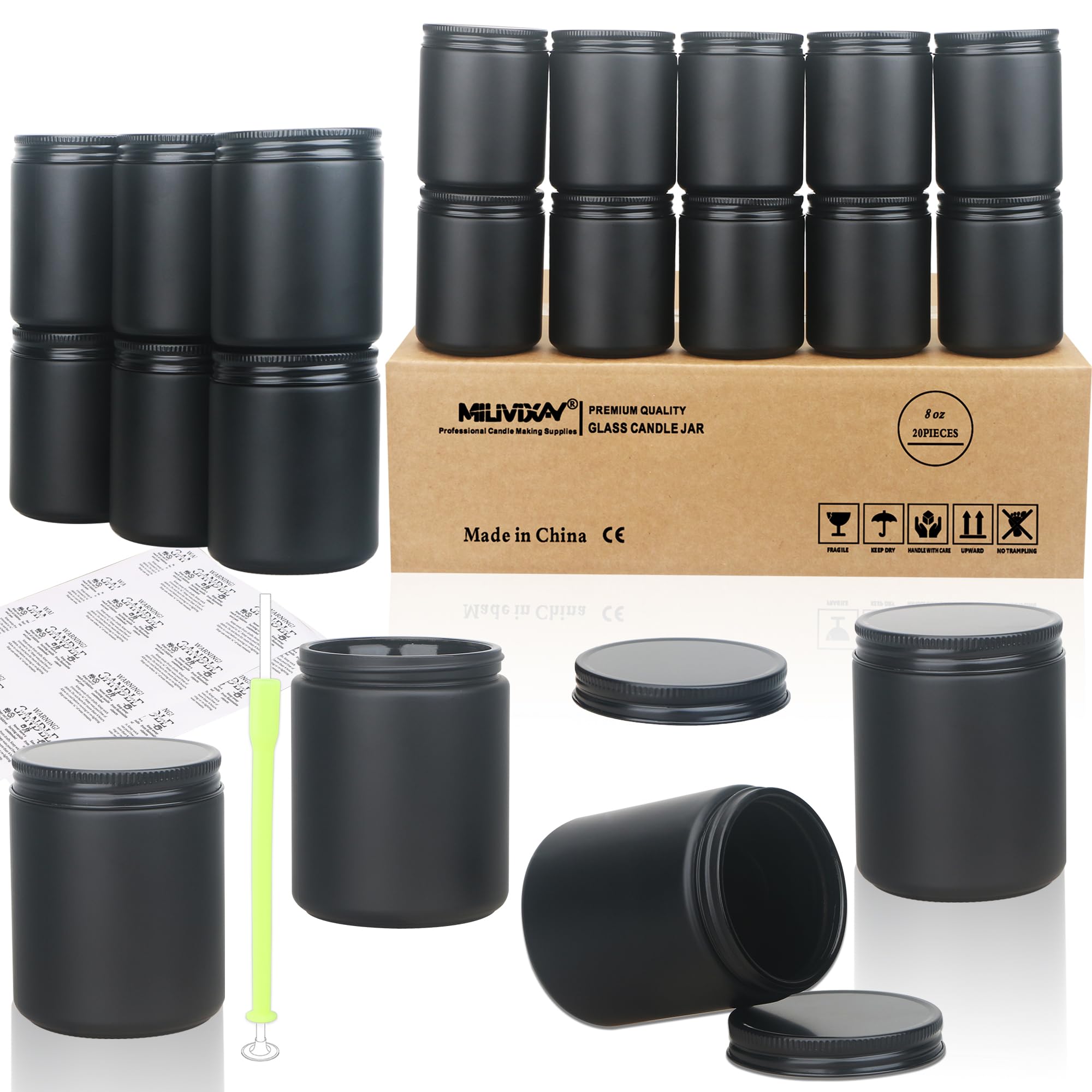 MILIVIXAY 20 Stück 200 ml dicke, leere Einmachgläser mit schwarzem Metalldeckel zur Kerzenherstellung, Gewürzgläser, Flüssigkeiten, Proben, geeignet für