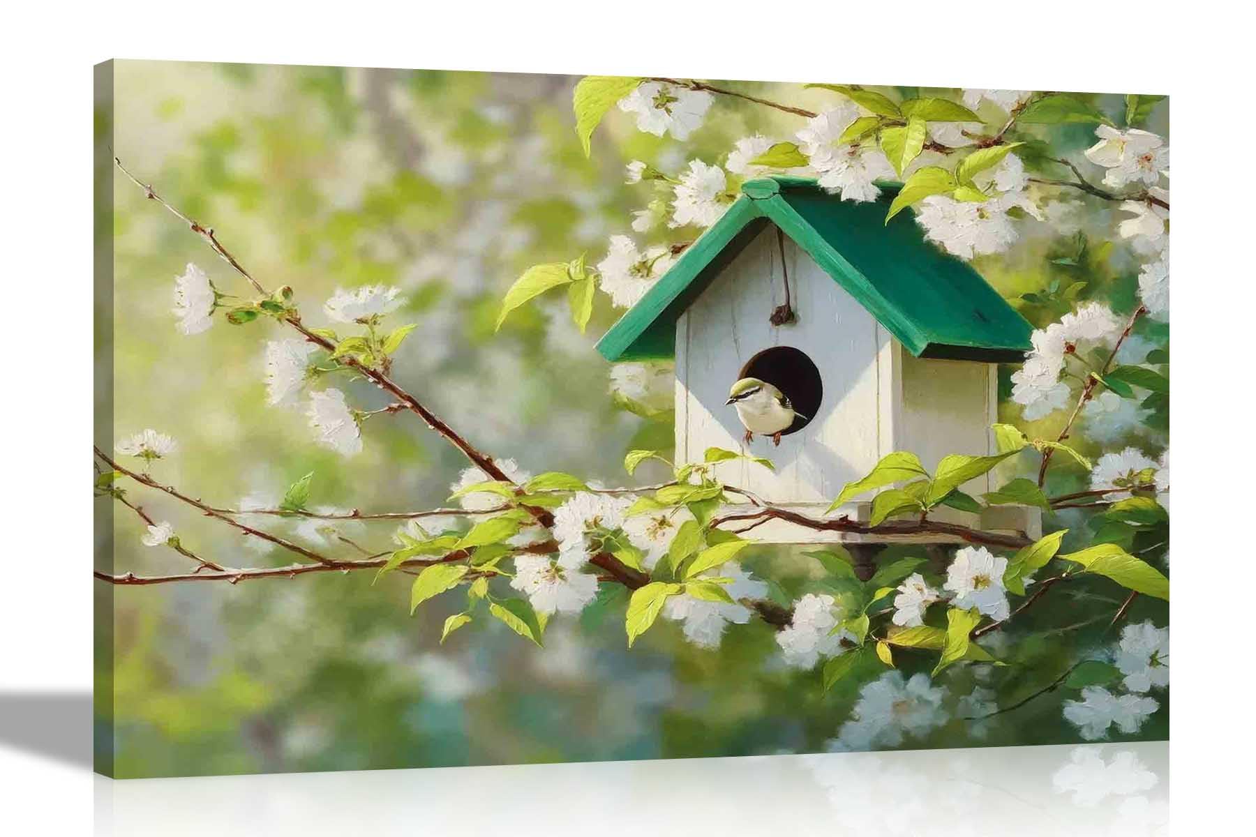 Artley Prints Bird In Bird House On Tree - Bird On House Tree White Blomming Flowers Canvas Wall Art Prints For Living Room Framed Floral Pictures Home 60 X 40Cm (24 X 16 Inches) A2