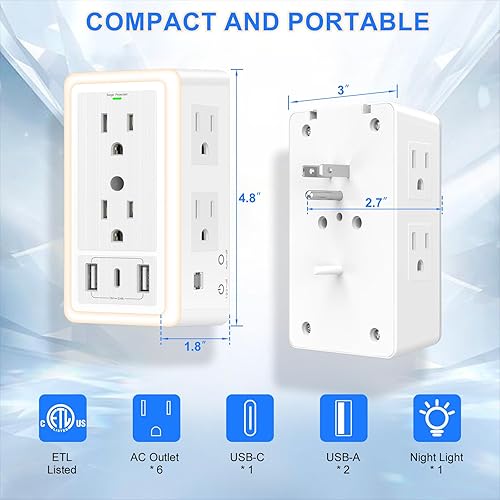Miniatura 8 de Extensor de toma de pared con puertos de carga USB, bloque de extensión de enchufe 9 en 1, múltiples salidas de CA, divisor de concentrador de