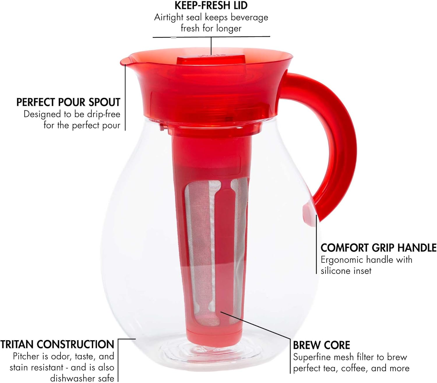 Primula The Big Iced Tea Maker Tritan Plastic Infusion Beverage Pitcher with Leak Proof, Airtight Lid, Fine Mesh Resuable Filter, Manufactured without PFOA, Dishwasher Safe, 1-Gallon, Red