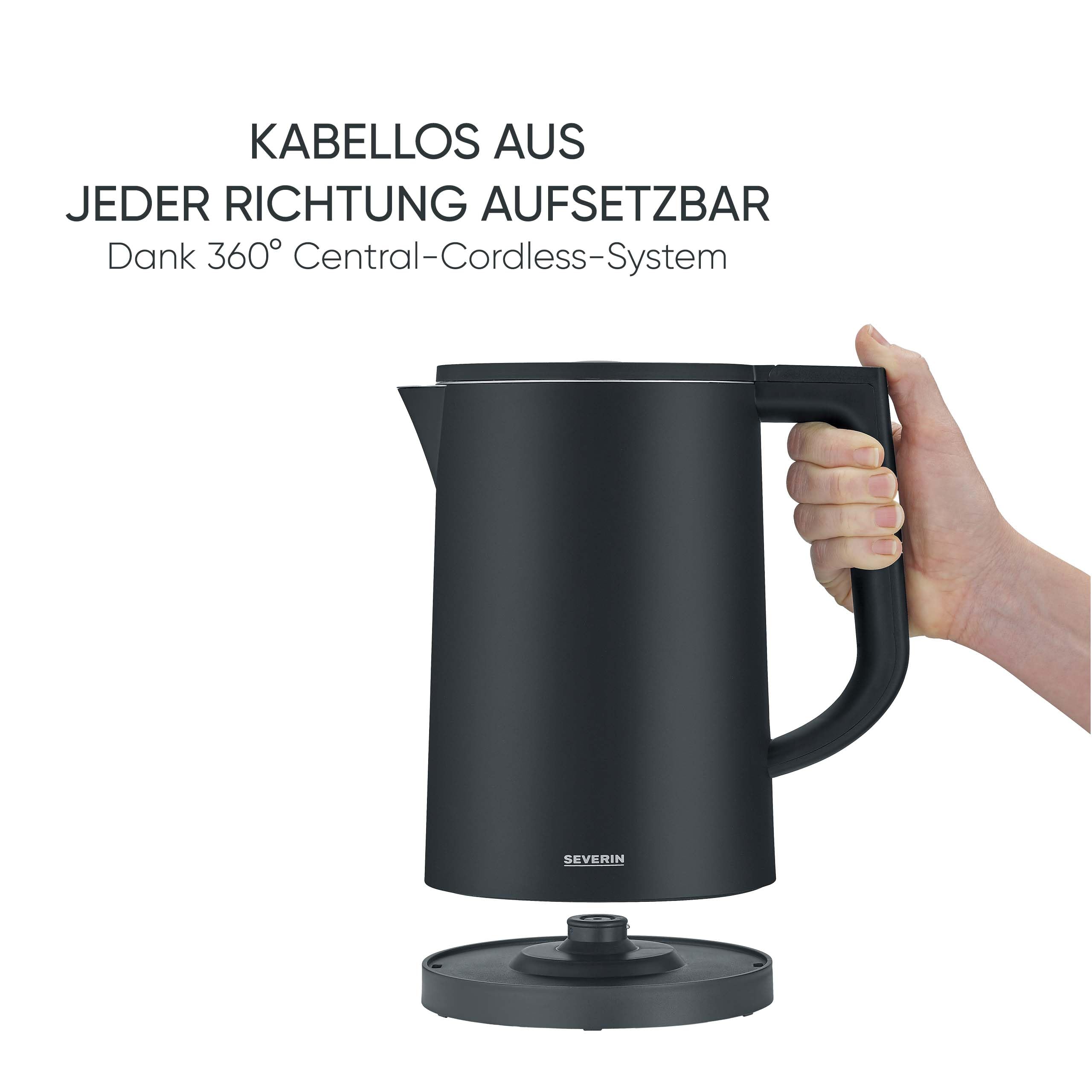 SEVERIN Cool-Touch Wasserkocher, doppelwandiger Wasserkocher, farbige LED-Temperatur-Rückmeldung im Griff, mit Warmhaltefunktion und Abschaltautomatik, schwarz, 1,7 L Kapazität, 2.200 W, WK 3484