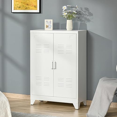 Miniatura 2 de HOMCOM Gabinete de almacenamiento industrial, gabinete de garaje de acero con puertas dobles y estantes ajustables, blanco