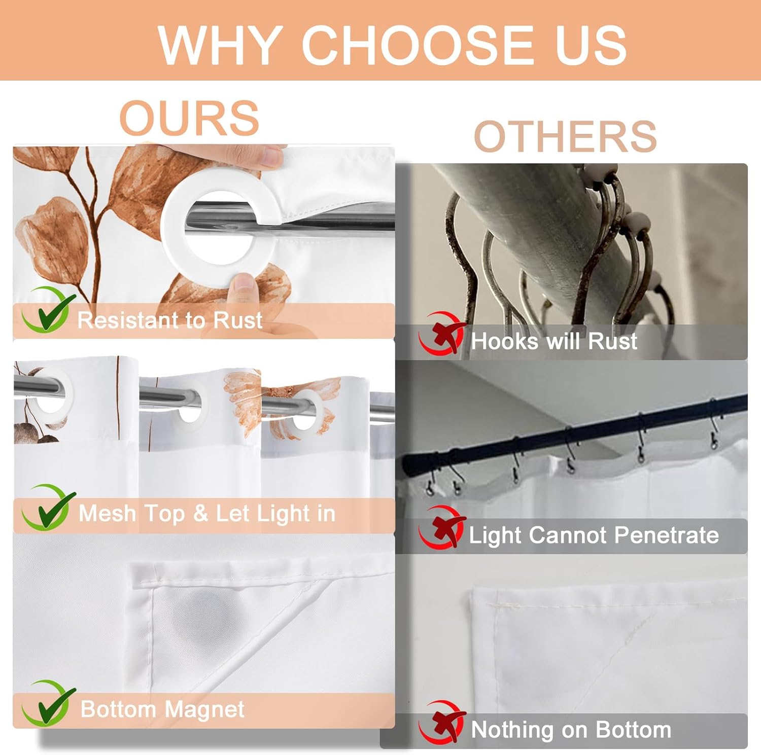 No Hook Shower Curtain and Liner Set, Watercolor Brown Floral Shower Curtains for Bathroom, Modern Hotel Bathroom Curtain Sets with Snap in Liner, 71x77 Inches