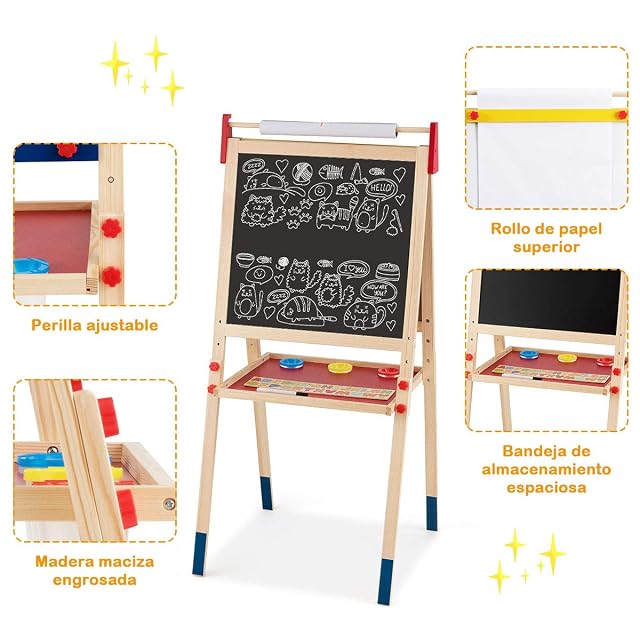 Foto 8 de 8 de COSTWAY Caballete para Niños 3 en 1 Tablero de Doble Cara Pizarra de Pie de Madera con Accesorios para Juego…