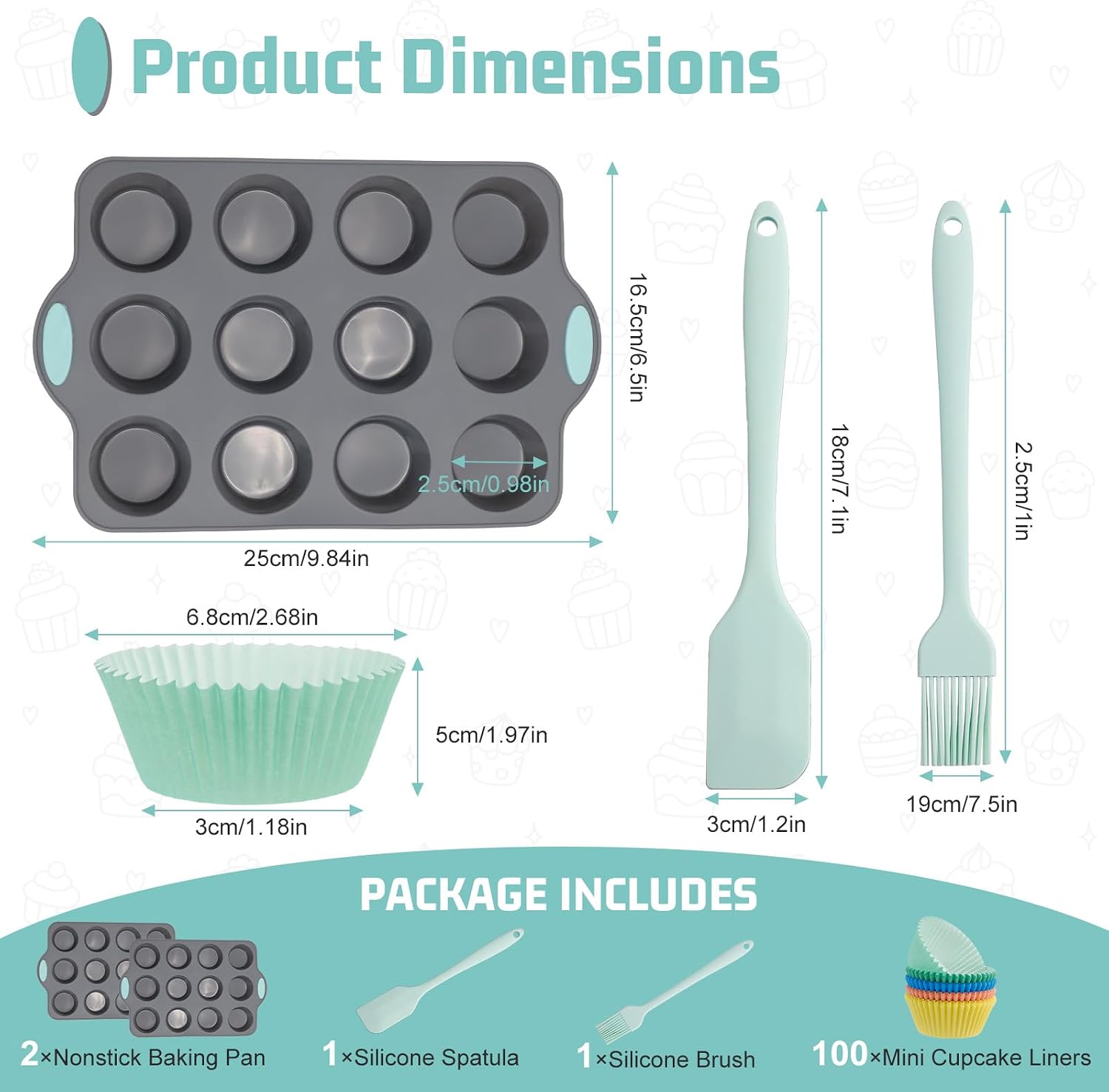 WRENYZK 104 Pcs Silicone Muffin Pan Set, 2 Pcs 12 Cup Mini Nonstick Muffin Tray and 100 Pcs Cupcake Liners with 2 Pcs Utensils, Cupcake Molds with Handles, Dishwasher Safe, Heat Resistant to 428°F