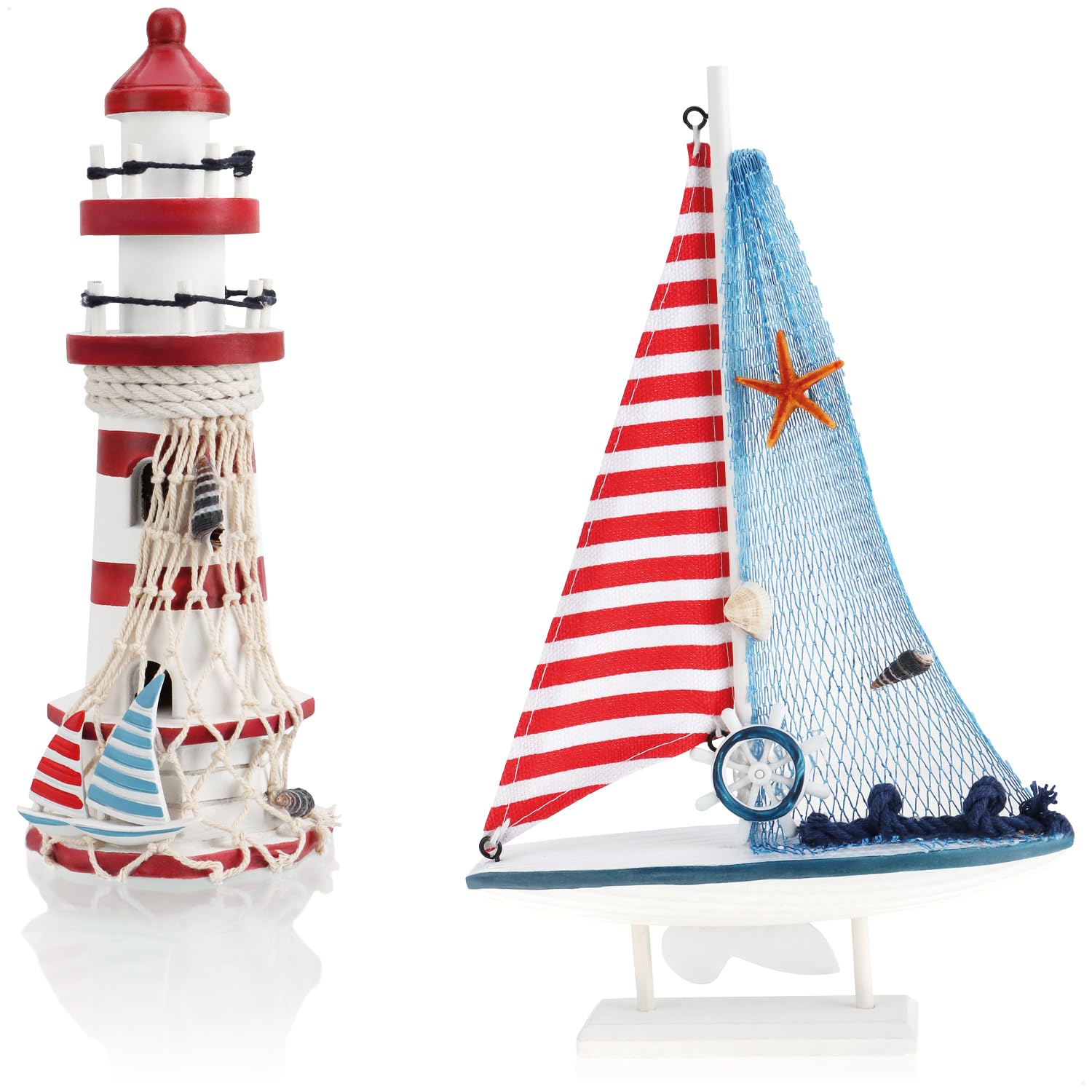 com-four® 2-piece maritime decoration set - Decorative wooden sailing ship and lighthouse for a maritime ambience in your home (02-piece - Sailing ship + lighthouse blue/red)
