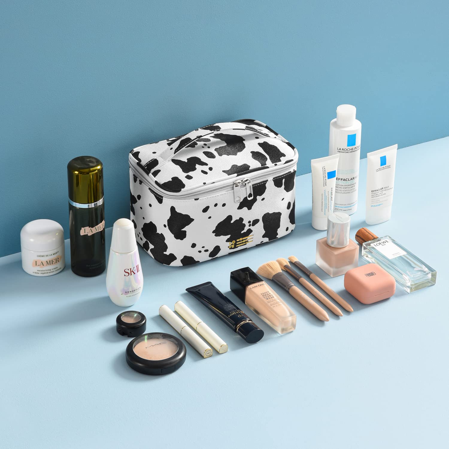 MIRASON Set di 3 sacchetti per cosmetici per borsa da viaggio, borsa da viaggio con cerniera, idea regalo per ragazze e donne, in pelle PU lavabile impermeabile (stampa mucca)