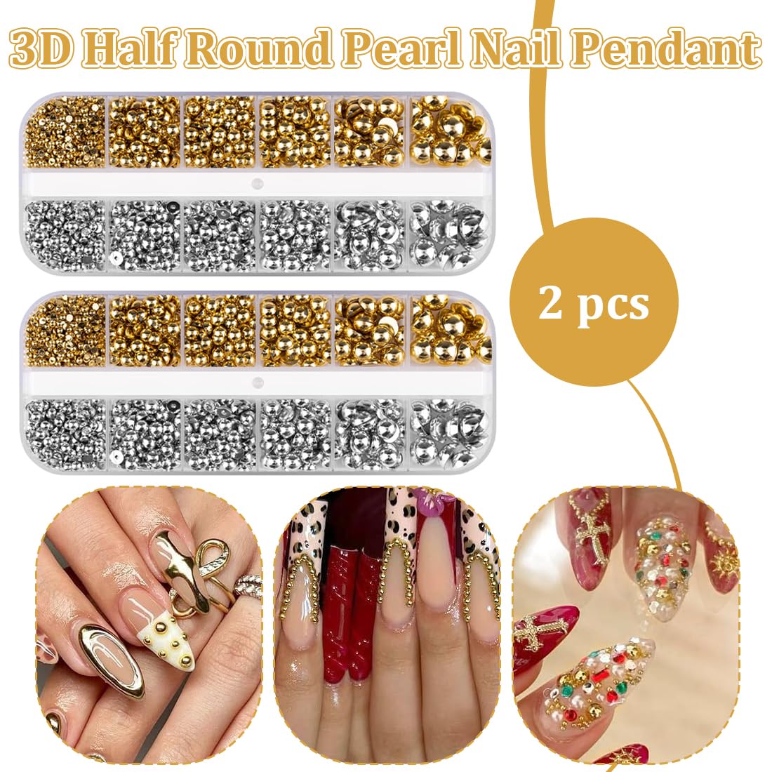 2 Boîte 3D Flatback Perle Ongle Argent Argent et Or, Demi-Rondes Métal Perle Bijoux pour Deco Ongle Nail Art, Bijoux de Nail Art, Accessoires de Décoration et Bricolage