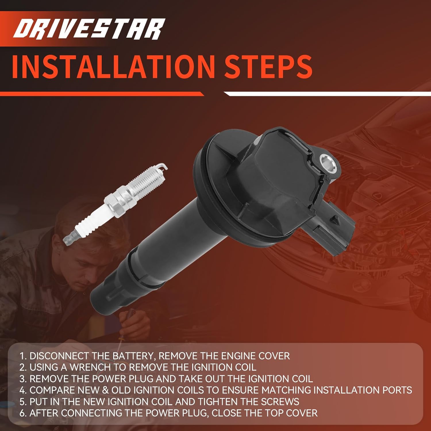 DRIVESTAR Set of 6 Ignition Coil Pack Iridium Spark Plug Compatible for 2007-2016 Ford Edge 3.5L V6 2009-2016 Lincoln MKS 3.7L V6 2009-2013 Mazda 6 3.7L V6 Replacement UF-553 UF-595 5C1652 E1053