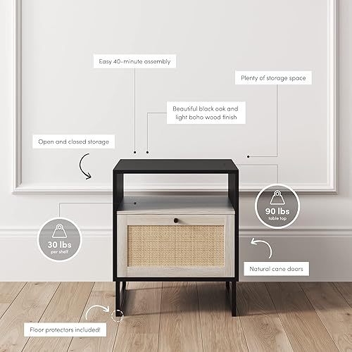 Miniatura 13 de Nathan James Mina Mesita de noche lateral de madera de ratán con almacenamiento para sala de estar o dormitorio, 1, roble/negro