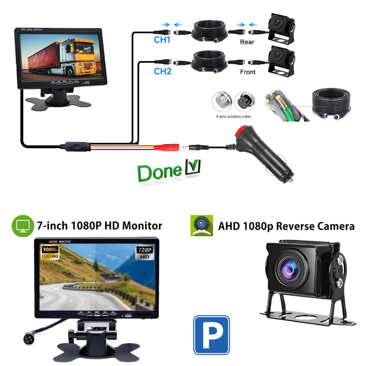 Zestaw kamer cofania z monitorem LCD 7", 2 kamery o rozdzielczości HD, wodoszczelność IP68, widoczność w nocy, kolorowy, do samochodów ciężarowych/przyczep, autobusów, vanów, rolnictwa