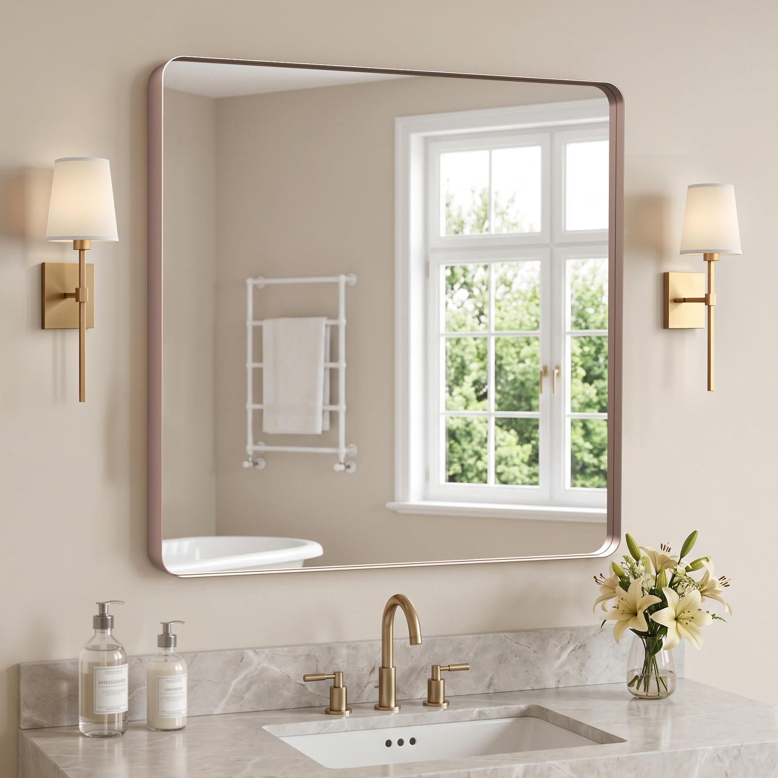Kosmonia 36x36 Inch Bathroom Vanity Mirror Brushed Rose Gold