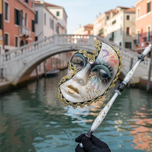 Miniatura 2 de LUOZZY Máscara de mascarada con palo de sujeción, máscara de carnaval Mardi Gras para actuaciones en escenario, máscara de baile elegante, color