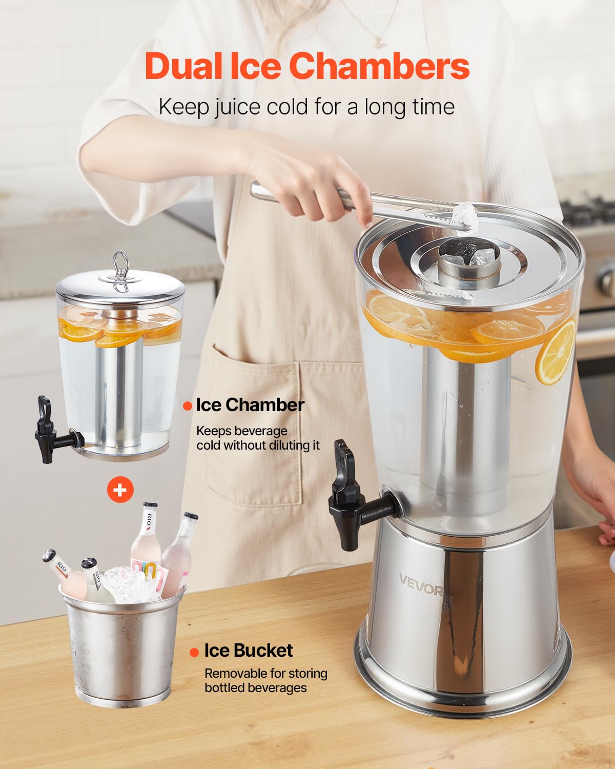 VEVOR Distributeur de Boissons Capacité 8 L, Fontaine à Eau en Acier Inoxydable et Plastique, avec Robinet et Compartiment à Glace, Distribution de Jus Limonade Thé Glacé, pour Restaurants Cafés