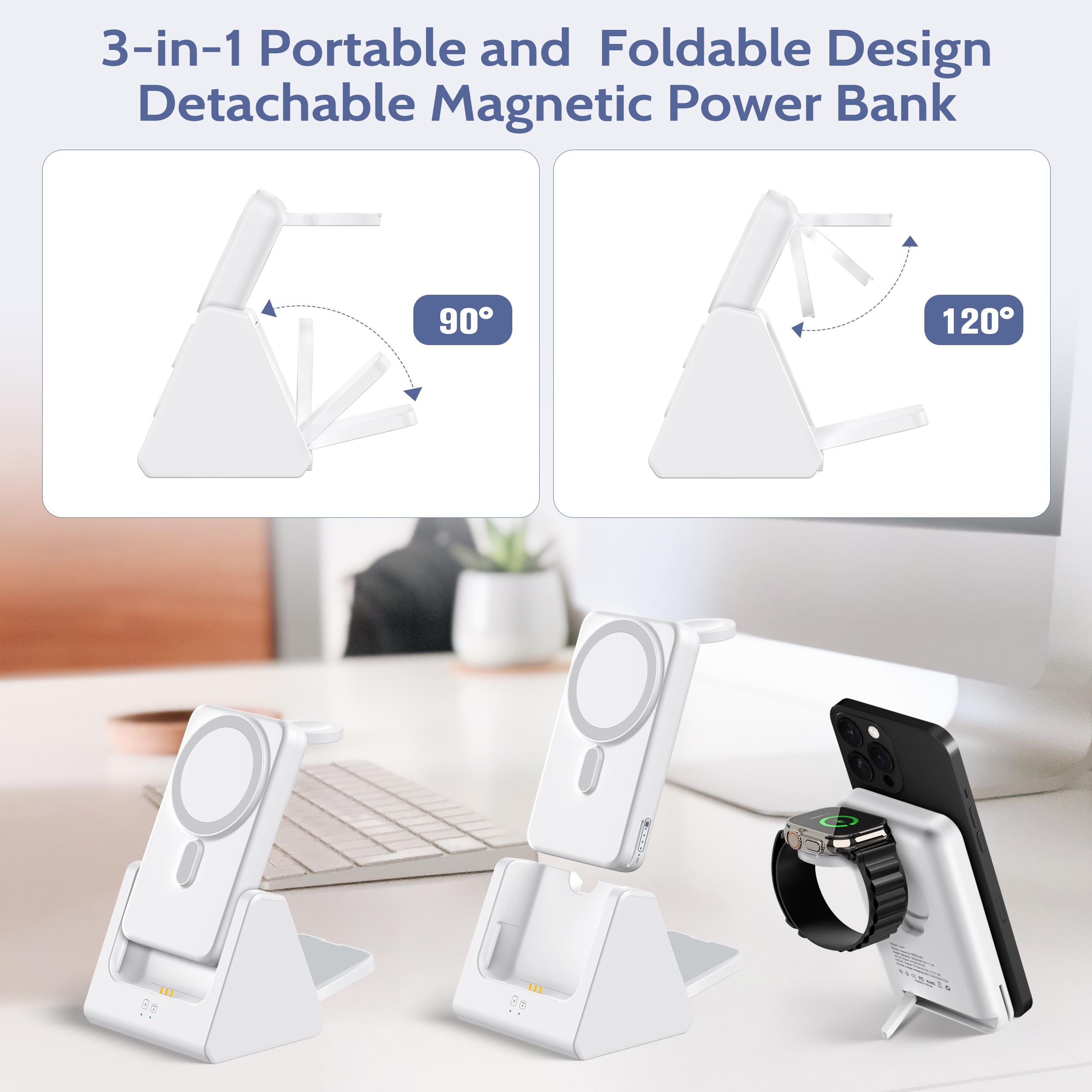 Smtcsl Stazione di ricarica wireless 3 in 1: caricabatterie portatile da 5000 mAh, compatibile con iPhone serie 16/15/14/13/12 e Apple Watch, supporto di ricarica magnetico staccabile bianco