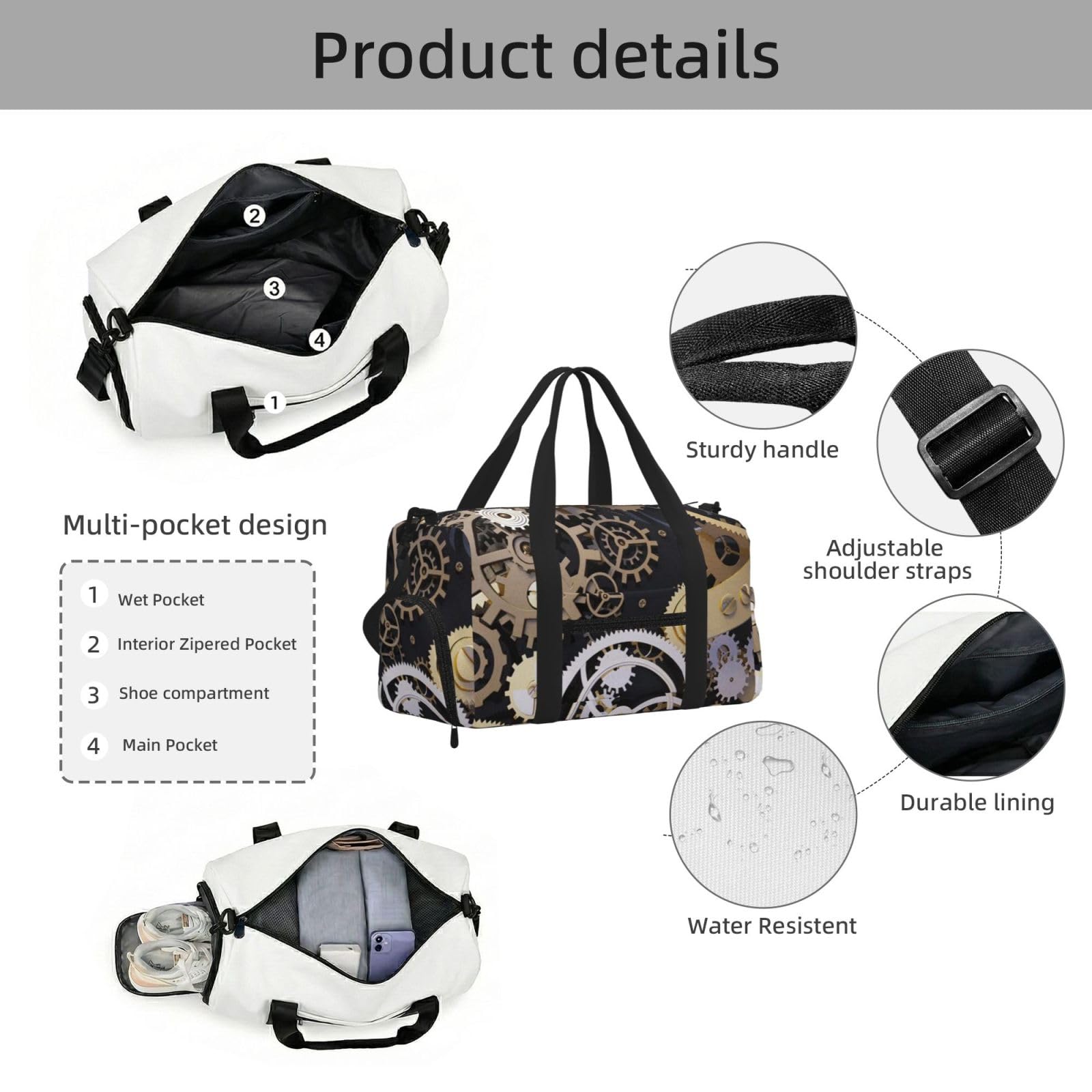 Steampunk mechaniczne przekładnie drukowane ręczna torba sportowa crossbody torba podróżna