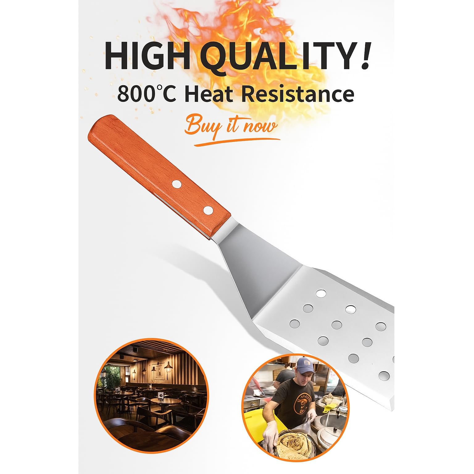 MaruHub Stainless Steel BBQ Griddle Spatula with Wooden Handle - Slotted Grill Turner & Meat Flipper Tool for Grilling, Cooking, Camping & Outdoor BBQ - Image 5 thumbnail