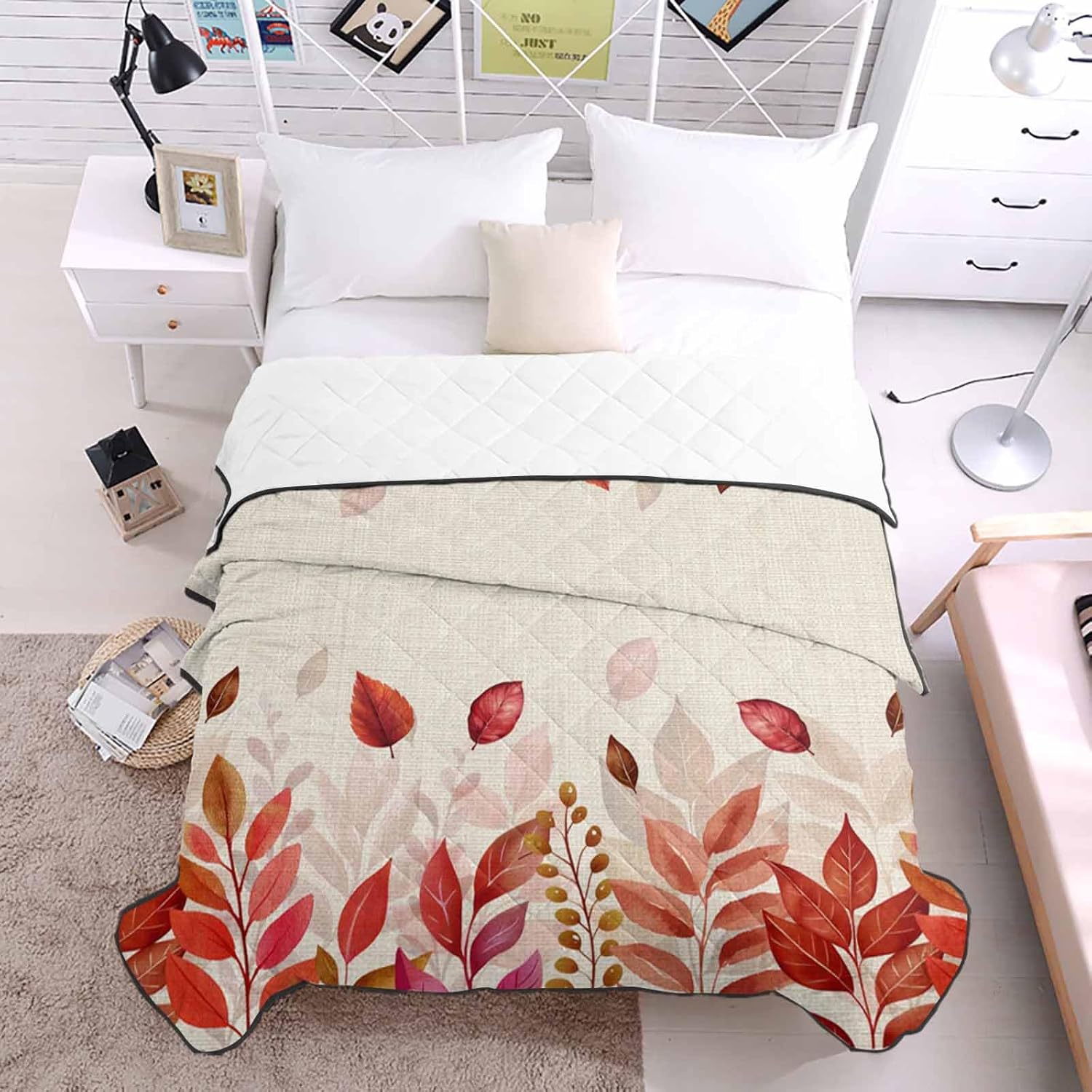 T&H XHome Quilt Queen Size Luxury Quilted Comforter Bedspread-Thin Soft Cozy, Pink Watercolor Garden Eucalyptus Leaves Linen Reversible Stitched Lightweight Quilt Coverlet for All Season