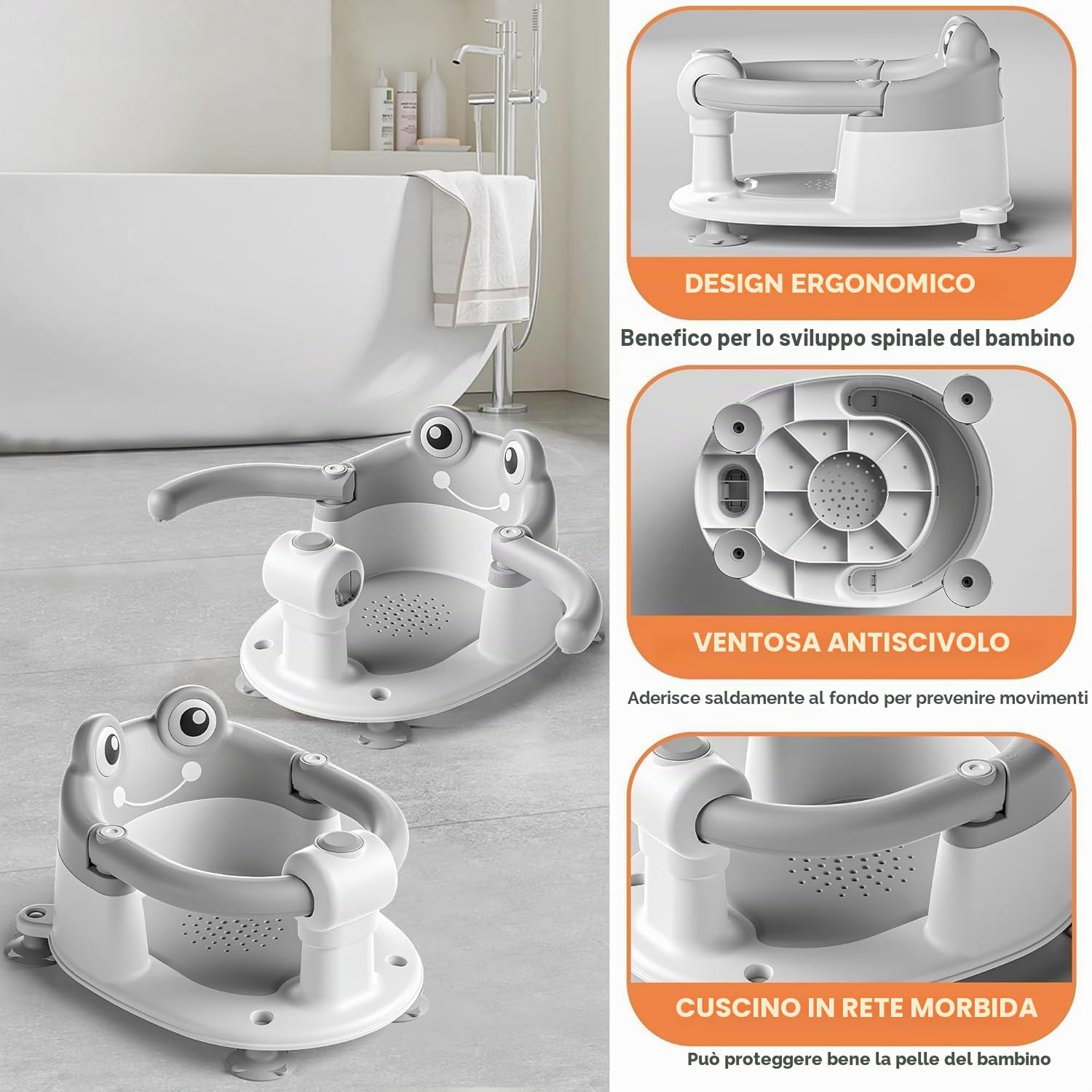 Seggiolino Doccia Bimbo, Seggiolino per Vasca da Bagno per Bambini a Partire da 6 Mesi, Seggiolino da Bagno Antiscivolo con 4 Potenti Ventose,per Doccia o Vasca(Grigio)