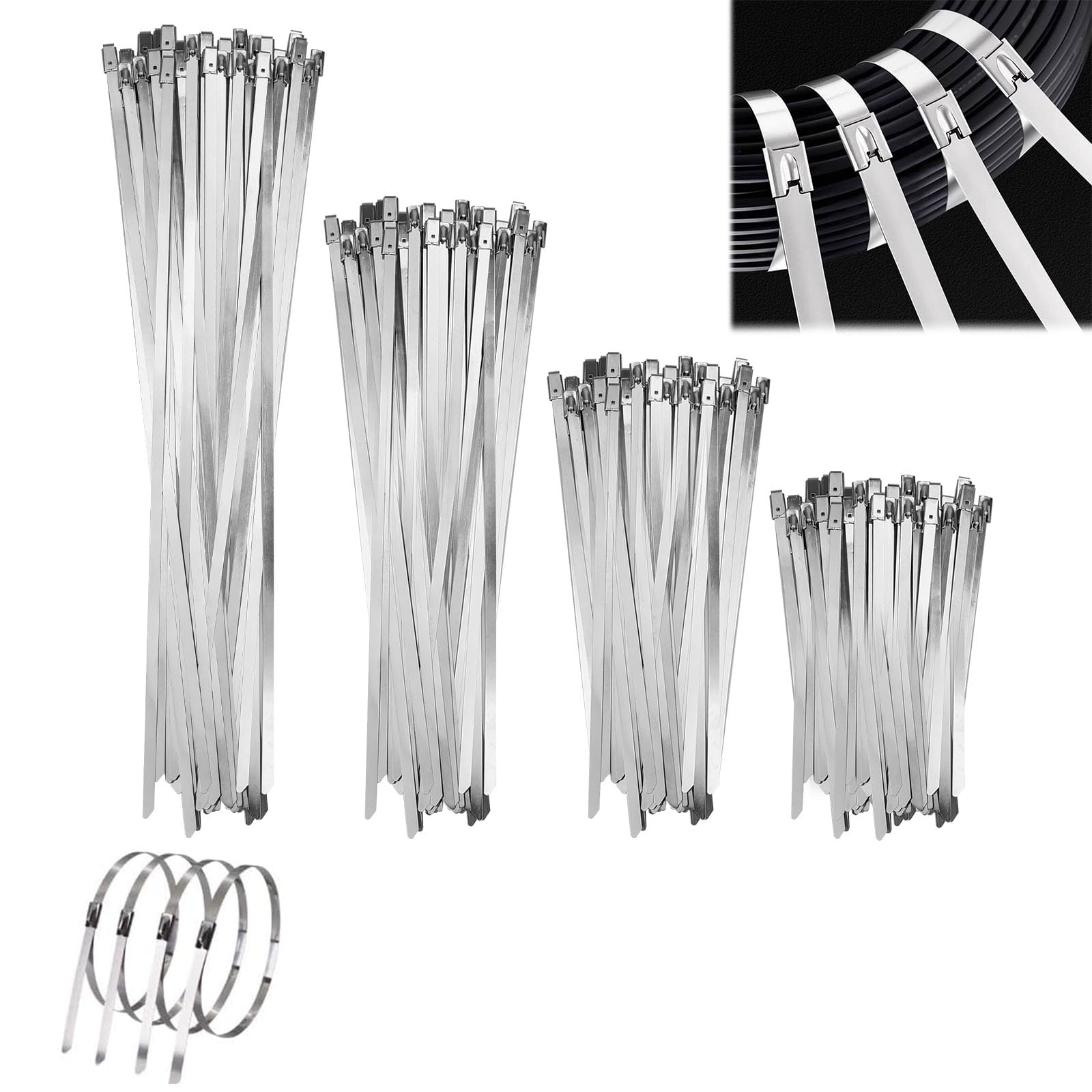 180 Bridas Metálicas De Acero Inoxidable – 4 Tamaños (150-300mm), Autobloqueantes, Para Tuberías, Cercas Y Cables