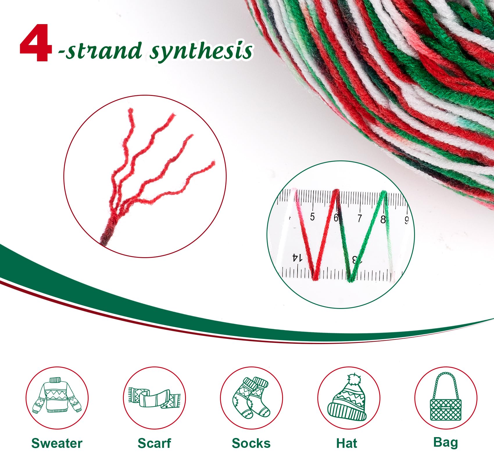 Crochet 6x50g 4-Ply Yarn With Carrying Bag - Christmas Wool Packs for Xmas Gift Dolls DIY Crafts, Blanket - Red, Green & White - Image 3