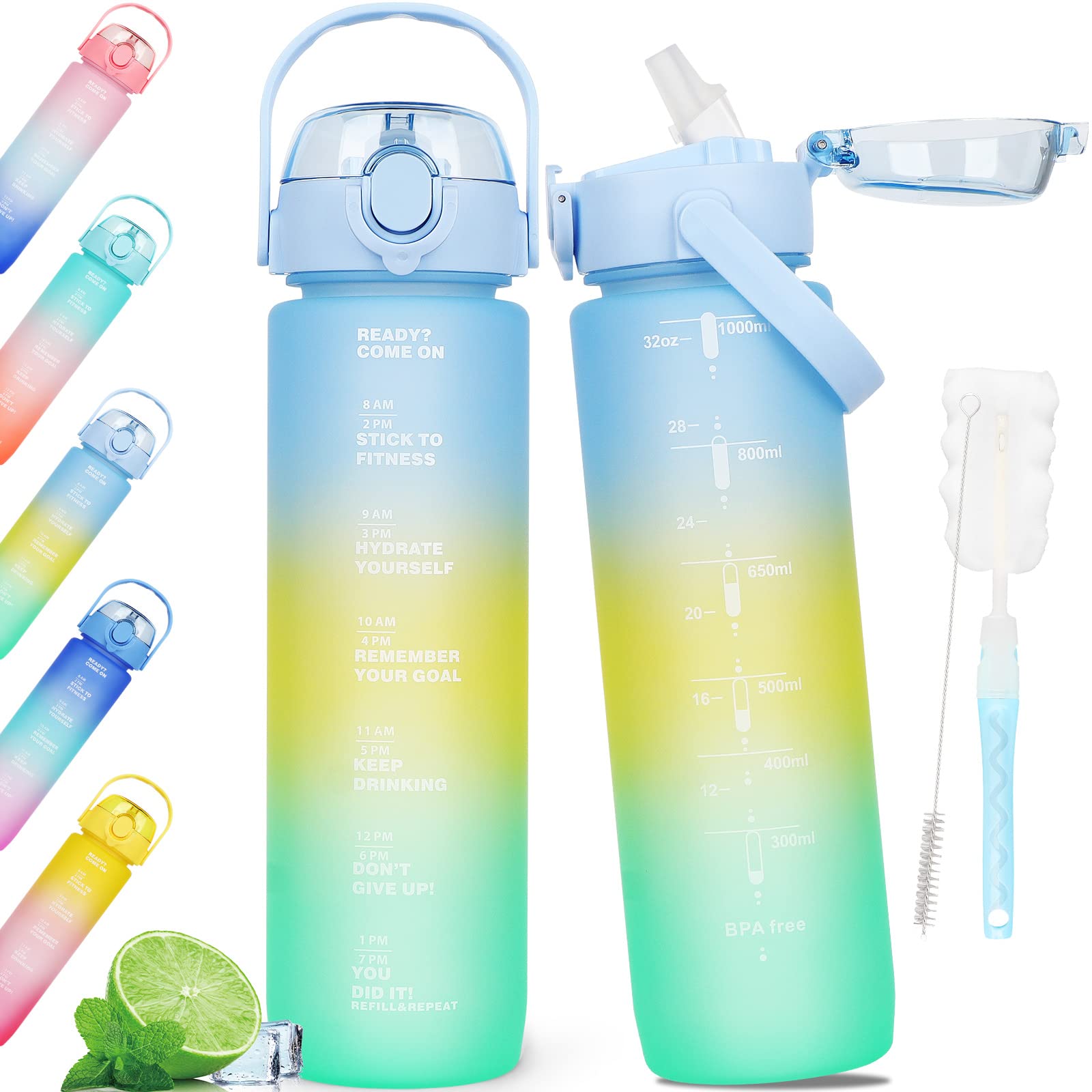 AOHAN Water Bottles 1L BPA Free Tritan Sport Drinking Bottle with Straw, Dishwasher Safe & Leakproof Motivational Time Markings, Non-Toxic Handle (Light Blue Gradient) (SH0009)