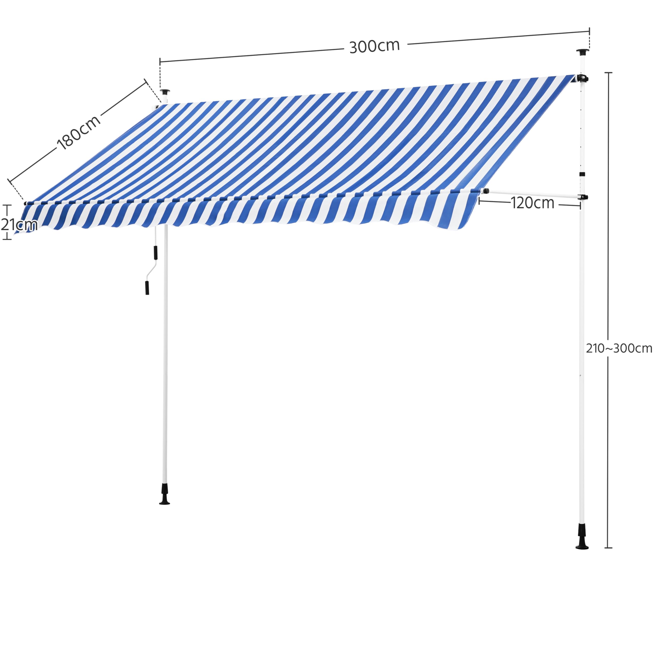 Yaheetech Toldo Manual Retráctil Exterior Toldo Enrollable Exterior Altura Ajustable con Manivela Sin Taladro Resistente a UV Repelente al Agua para Balcón Terraza Patio Jardín 300 cm Azul y Blanco