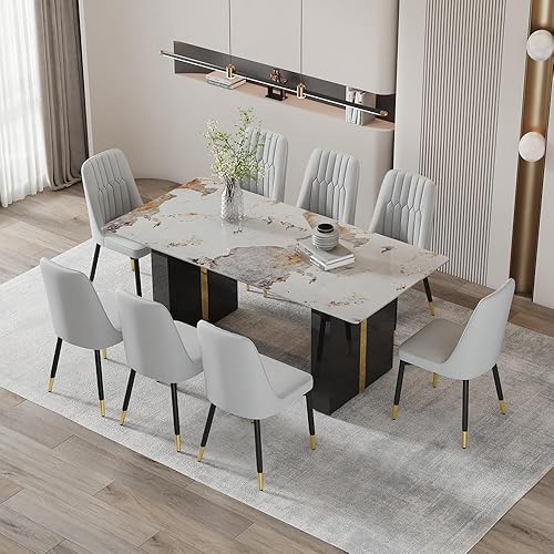 Miniatura 9 de Juego de mesa de comedor moderno de 71 pulgadas para 6, juegos de comedor para 6, mesa de mármol sintético de cocina y sillas de piel sintética,