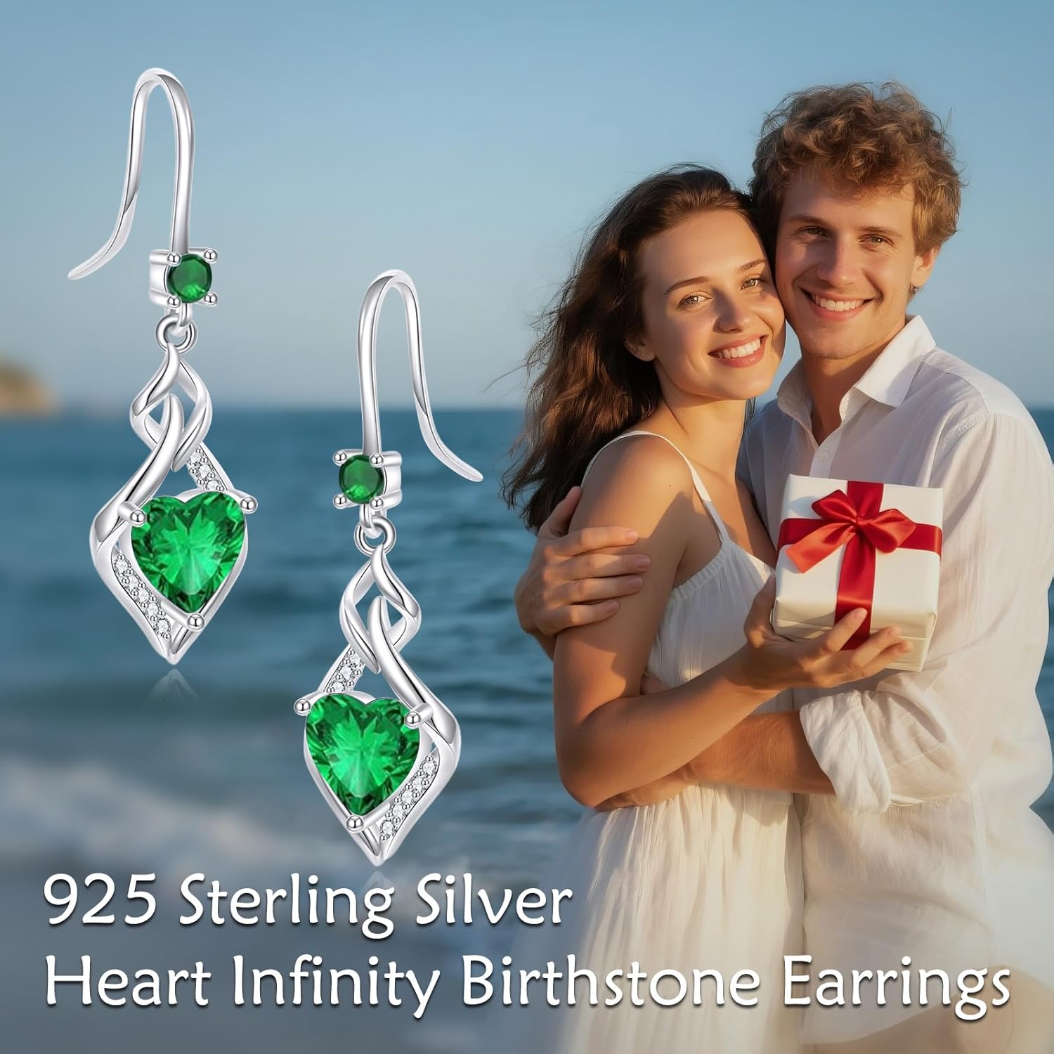 925 Sterling Silver Infinity Dangle Drop Earrings Heart Created Birthstone Gemstone Earring Christmas Birthday Jewelry Gifts for Women Wife Mom Nana