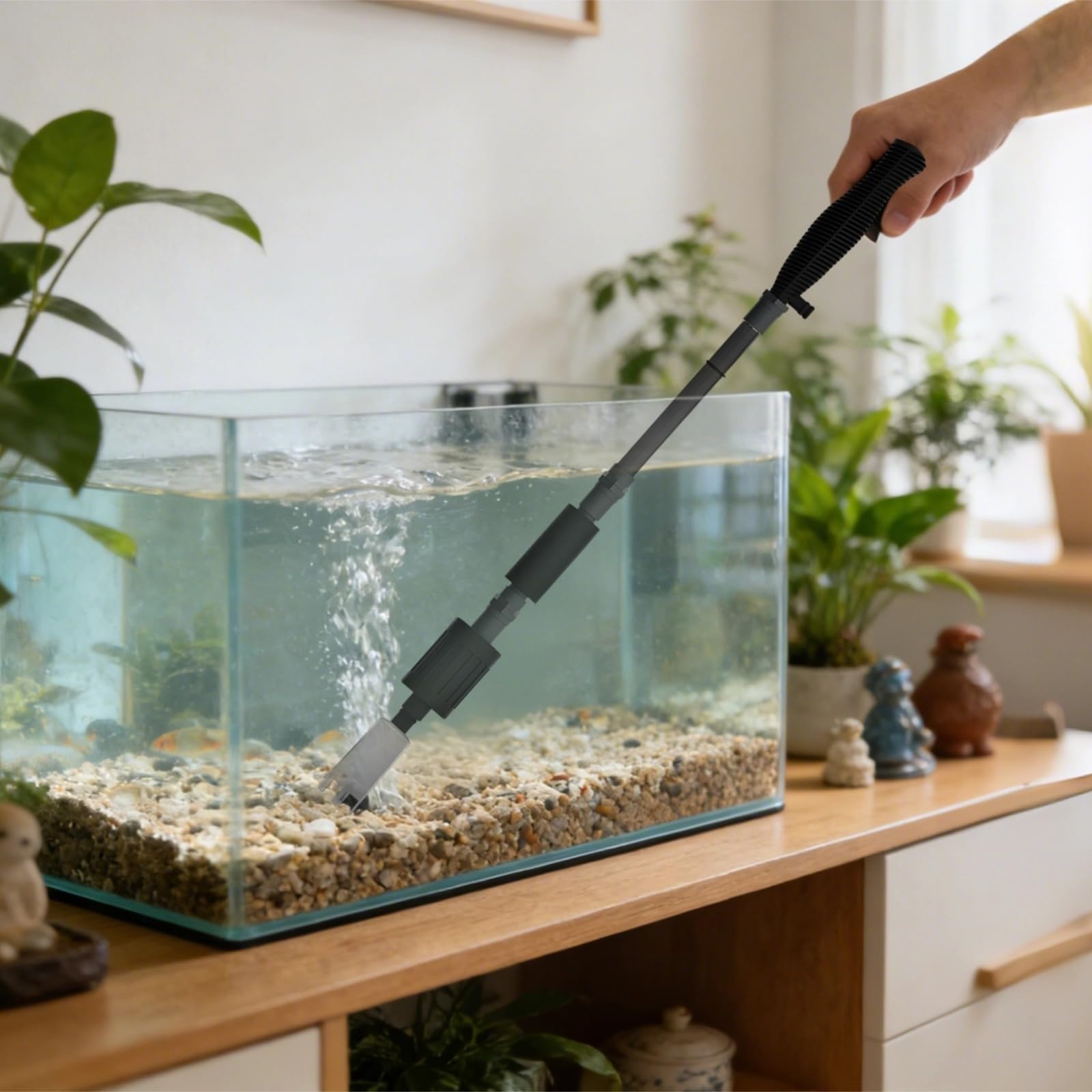 Cambiador de agua eléctrico automático alimentado por USB, limpiador de grava 2 en 1, aspiradora de desechos con motor sin escobillas, poste telescópico ajustable, tubo de drenaje de 1,5 m