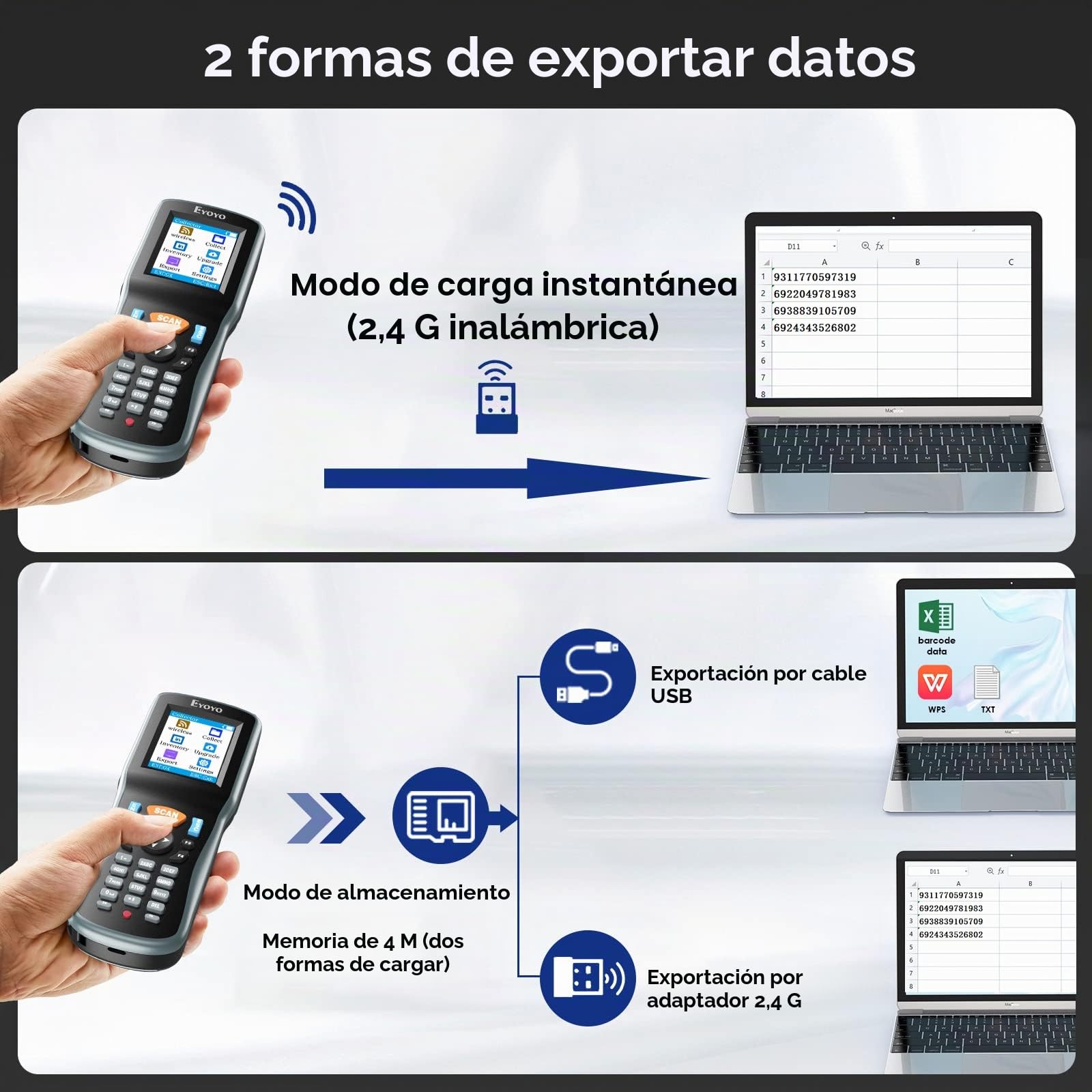 Eyoyo Lector de códigos de Barras 2D, Inventario código de Barras escáner de Datos coleccionista, 1D QR inalámbrico Terminal de Datos portátil Dispositivo de inventario