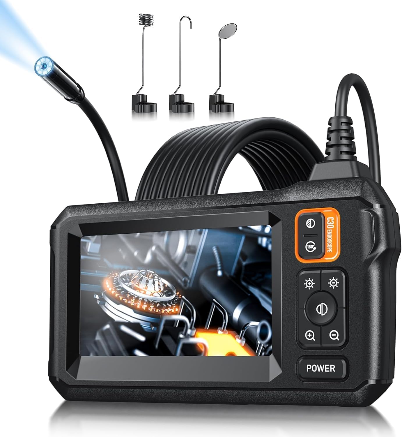 Endoscope Camera with Light, Inspection Borescope Camera with 4.3" Screen, 1920 * 1080P HD with 8 LED Lights, 16.4FT Semi-Rigid Cord Bore Scope, IP67 Waterproof for Sewer, Repair Tools(Orange)