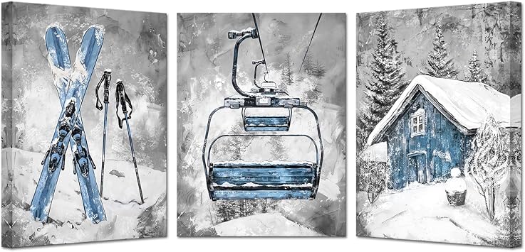 KREATIVE ARTS Ski Lift and Old Barn Canvas Wall Art, 3 Piece Grey and Blue Winter Sports Painting, Vintage Snow Mountain Giclee Prints, Home Decor for Living Room Bedroom, 12x16 Inches Each