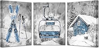 KREATIVE ARTS Ski Lift and Old Barn Canvas Wall Art, 3 Piece Grey and Blue Winter Sports Painting, Vintage Snow Mountain Giclee Prints, Home Decor for Living Room Bedroom, 12x16 Inches Each