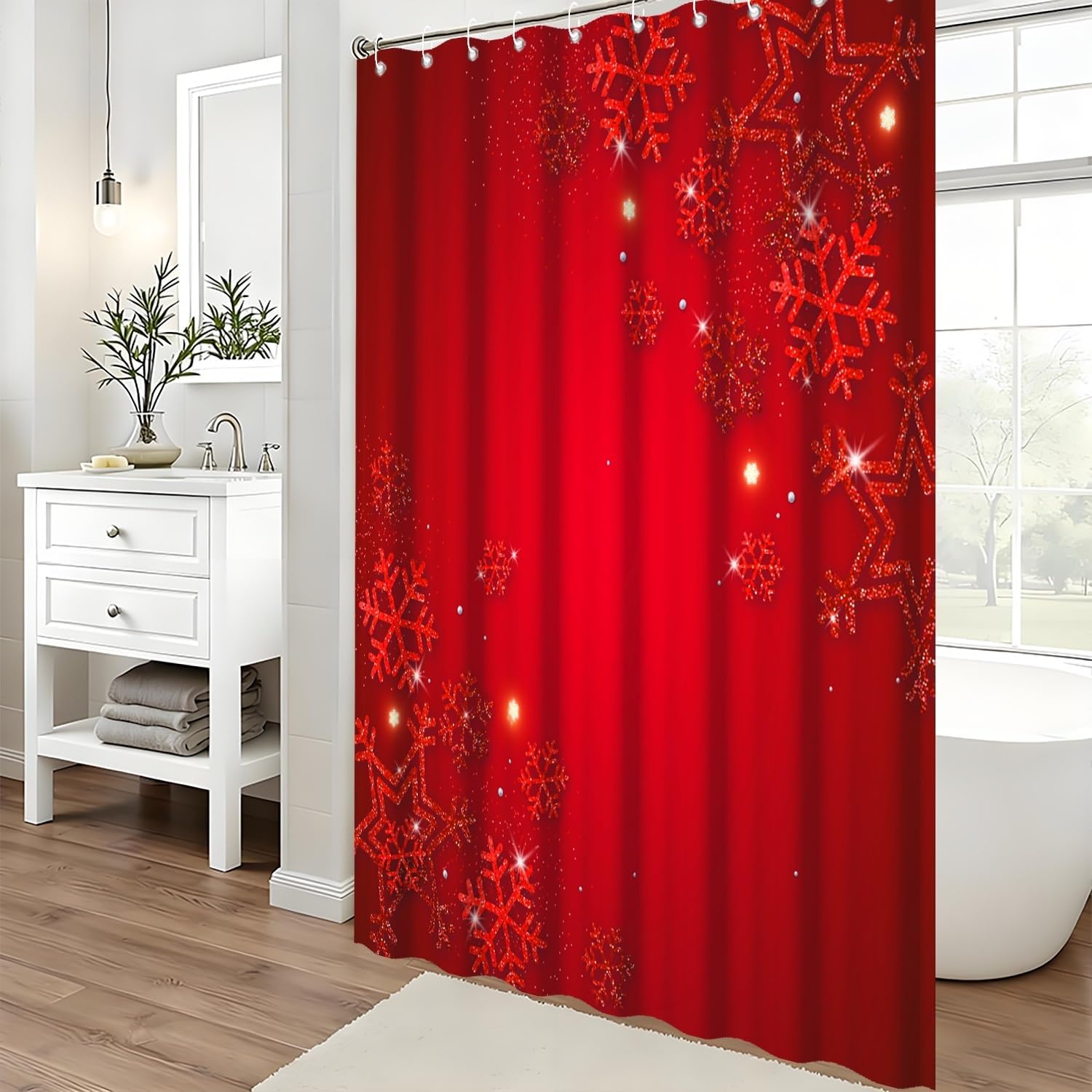Christmas Shower Curtain for Bathroom Decor Red and Gold Snowflakes Silver Shiny Stars Winter Holiday Shower Curtain Waterproof Washable Fabric Bathtub Curtains Set with Hooks,72x84inch