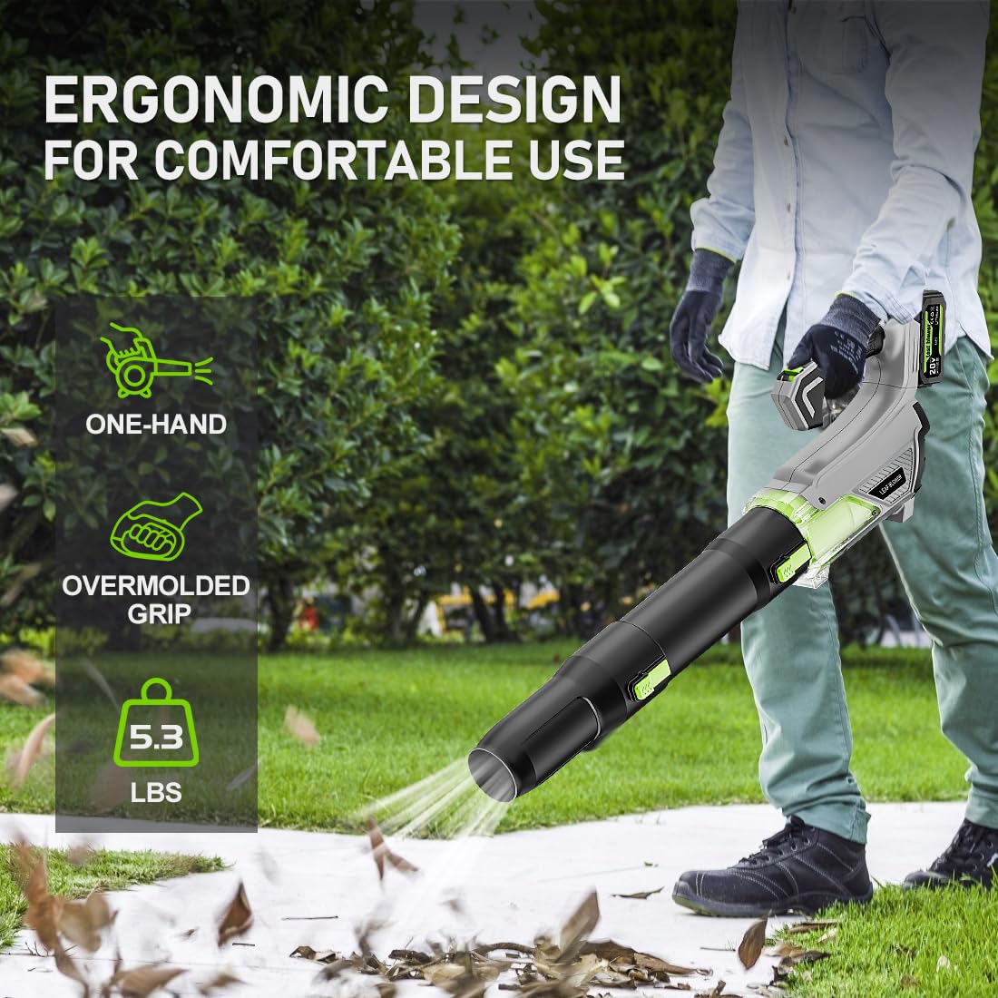 Soplador de Hojas inalámbrico con 2 baterías de 4000 mAh y Cargador de 580 CFM/170 mph, soplador eléctrico de Mano Ligero para Cuidado del césped, Patio, jardín y Limpieza de escombros