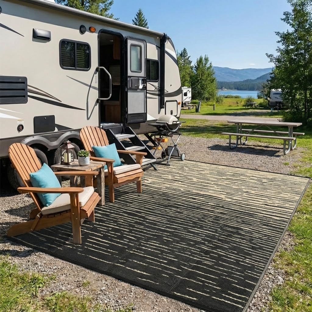 Garvee 6x9 RV Outdoor Rug Waterproof, Modern Striped Outdoor Plastic Straw Rug, Reversible UV Resistant Abstract Outside Rugs for Picnic Backyard Deck Balcony Porch Beach, Black Coffee