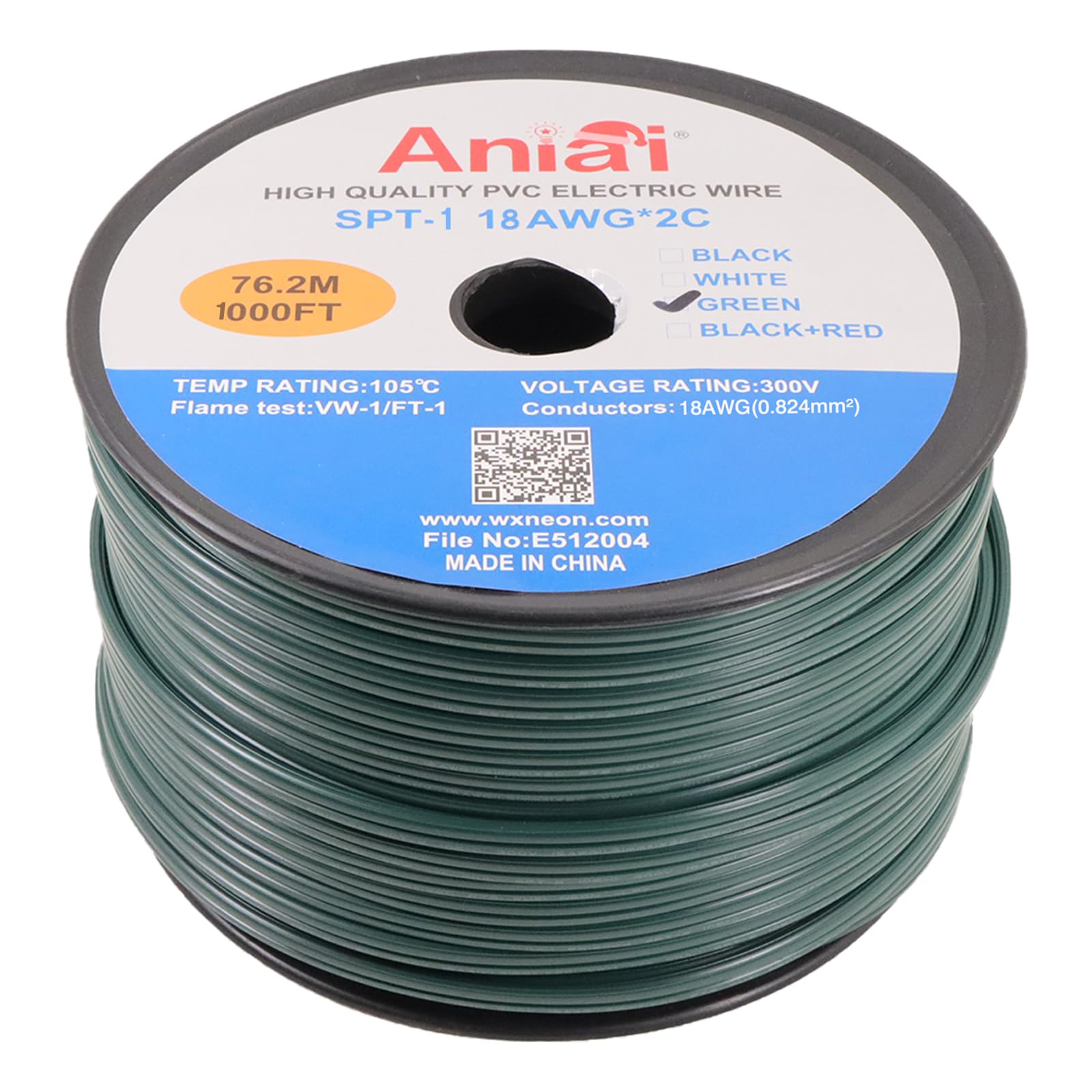 Rouleau De Fil Électrique Vert SPT-1 18 AWG - 1000 Pieds (305m), 300V (Neuf)