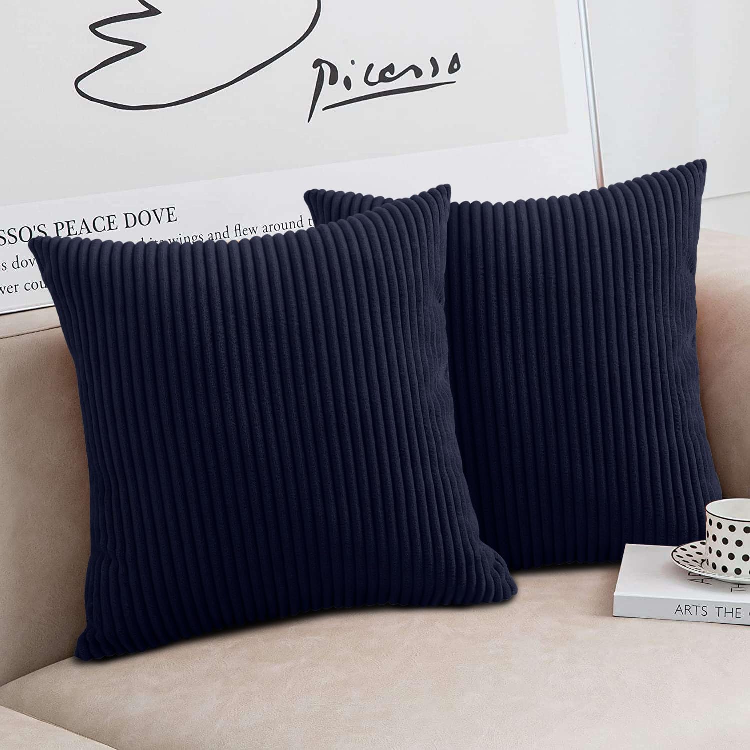 Moonlight Bedding Navy Corduroy Cushions With Covers Included 45 X 45 Cm Pack Of 2 (2 Covers, 2 Inserts) Stripe Throw Pillow Cases With Invisible Zipper For Home Decor